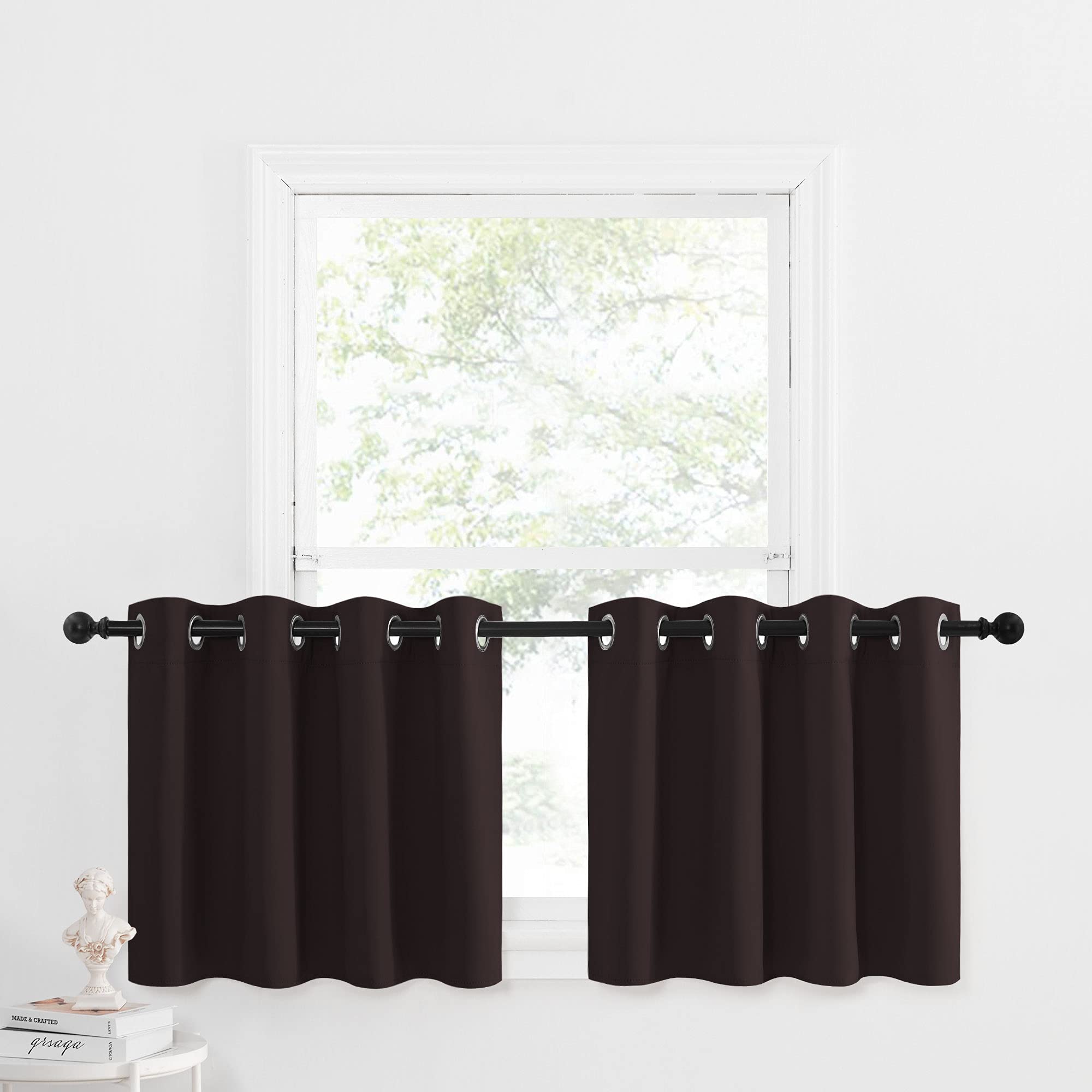 NICETOWN Kitchen Curtains Window Treatments - Eyelet Top Home Fashion Blackout Curtains Tailored Drapes (Toffee Brown, Double Piece, W52 x L24 + 1.2 inches Header)