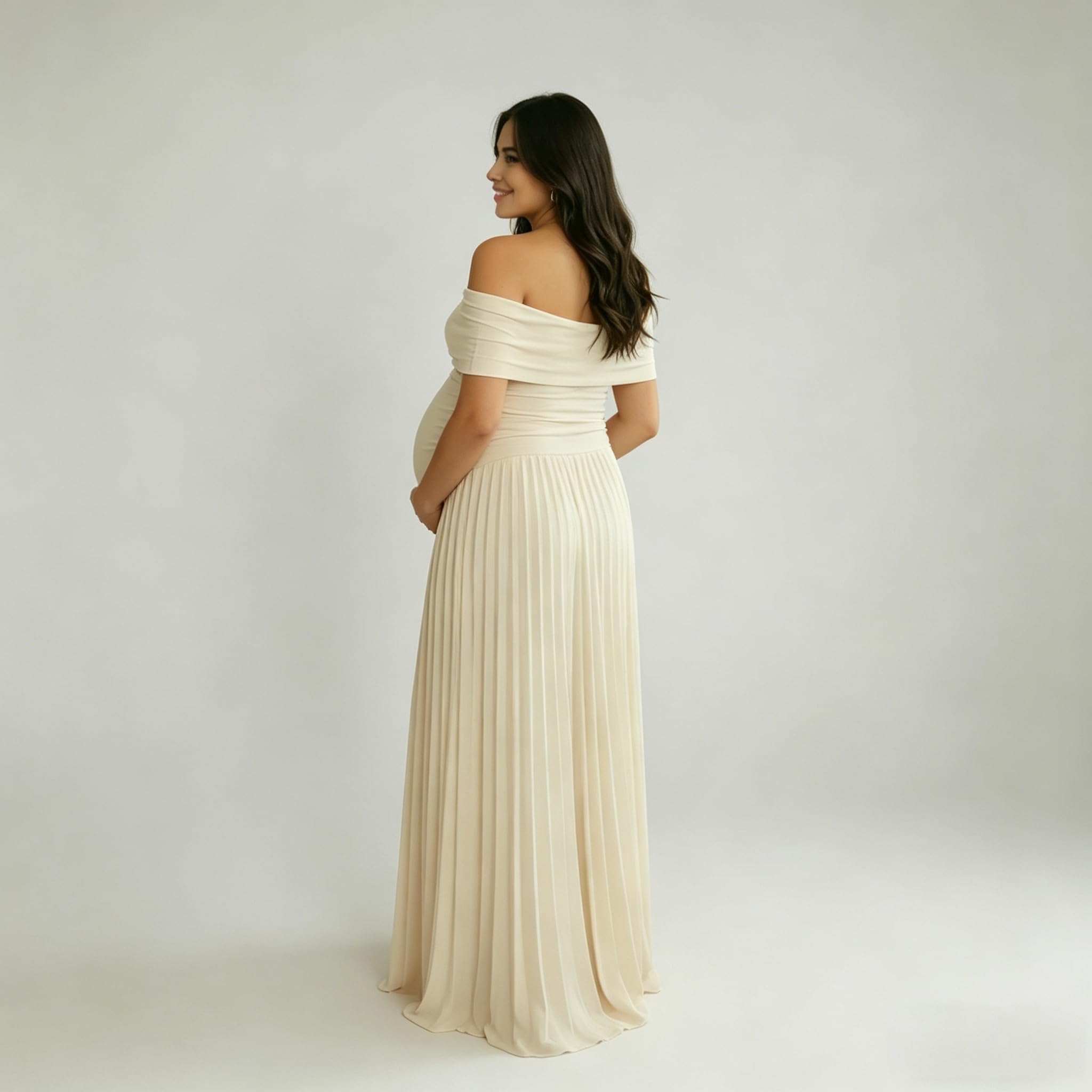 Cichic Robe de maternité à épaules dénudées, robe plissée fluide pour séance photo, fête prénatale, invitée de mariage, nude/beige
