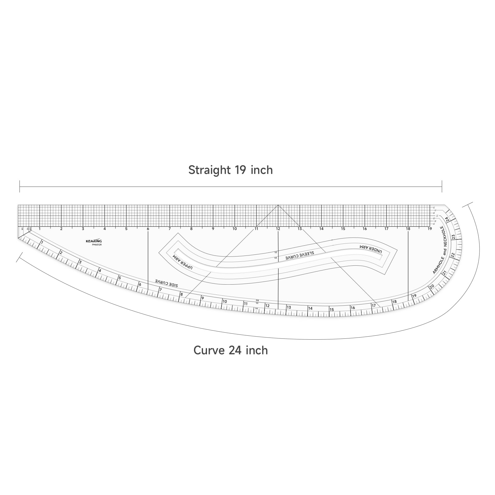 Kearing PM6512 Imperial Pattern Master Ruler, regla de diseño multiusos, curva lateral, sisa y cuello, curva de manga, regla superior e inferior del brazo para costura, diseño, acolchado, costura