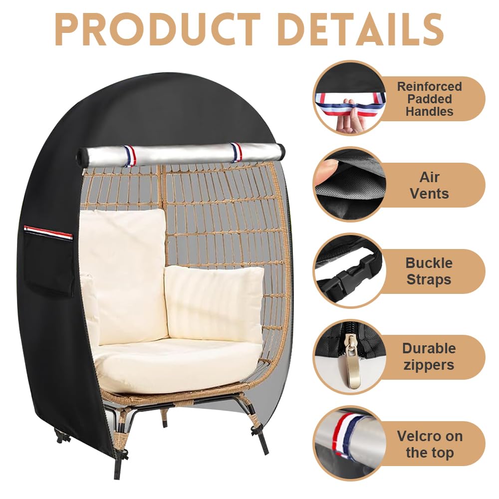 NAVESO Housse de chaise en forme d'œuf imperméable avec double fermeture éclair 420D - Résistante aux intempéries et anti-poussière - 115 x 63 x 140 cm