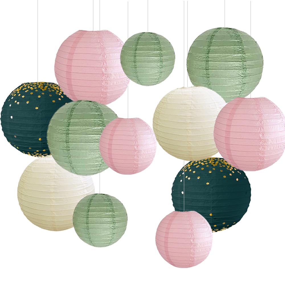 Papierlaternen Rosa Grün 12 Stück Lampions Salbeigrün Rosa Hängende Runde Papierlaternen für Salbeigrün Rosa Babyparty Geburtstag Hochzeit Brautparty Deko