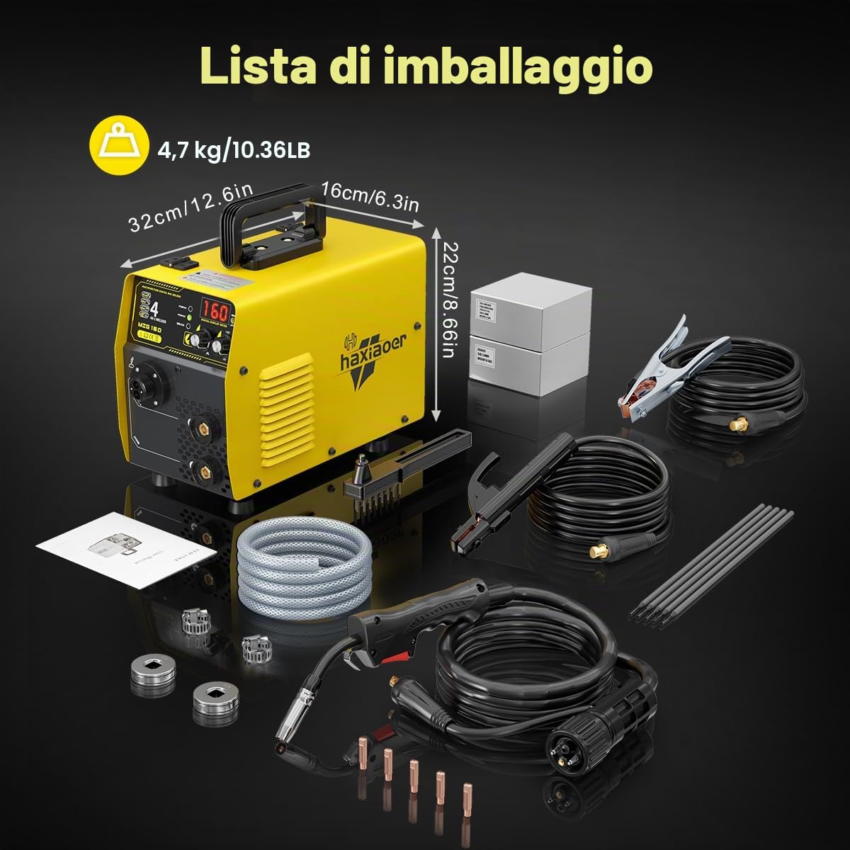 haxiaoer 160A Saldatrice MIG 4 in 1 Semi-Automatico Sinergia Gas MIG/Gasless MIG/ARC/Lift TIG Saldatrice a Filo No Gas con fili Flux Core Solid Core, Giallo