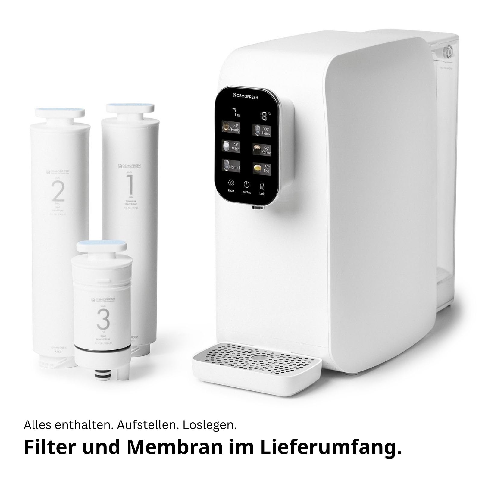 OsmoFresh Auftisch Osmoseanlage Quella Life mit 6 Temperaturstufen (~15-100°C) mobil kein Wasseranschluss nötig 5 stufige Filterung kalkfreies Trinkwasser Überwachung Filterlebensdauer Wasserspender