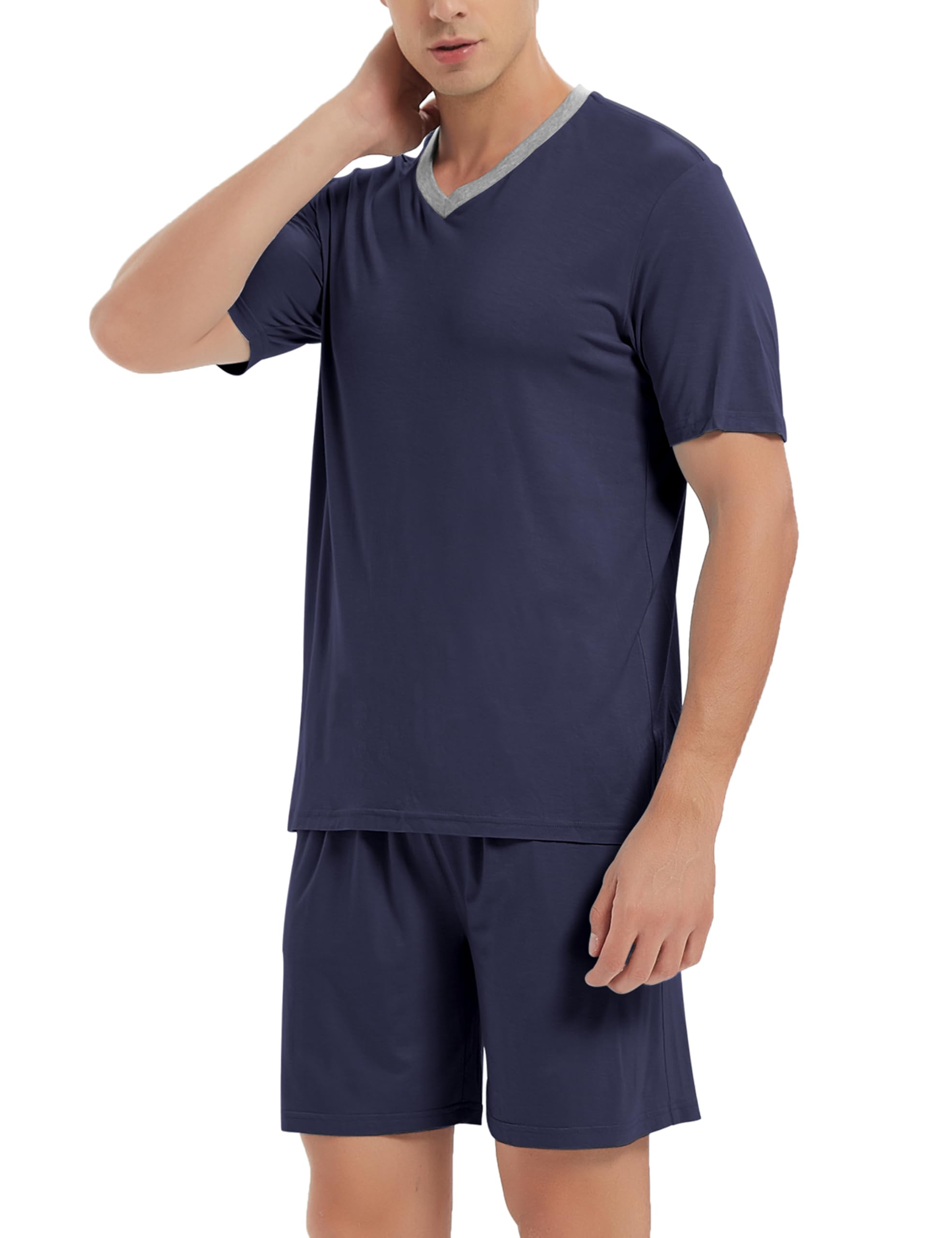 MoFiz Herren Schlafanzug Kurz Pyjama-Set Weich Zweiteilig V Ausschnitt Kurzarm T-Shirt & Schlafhose Kurz Hausanzug Loungewear Nachtwäsche Set mit Taschen