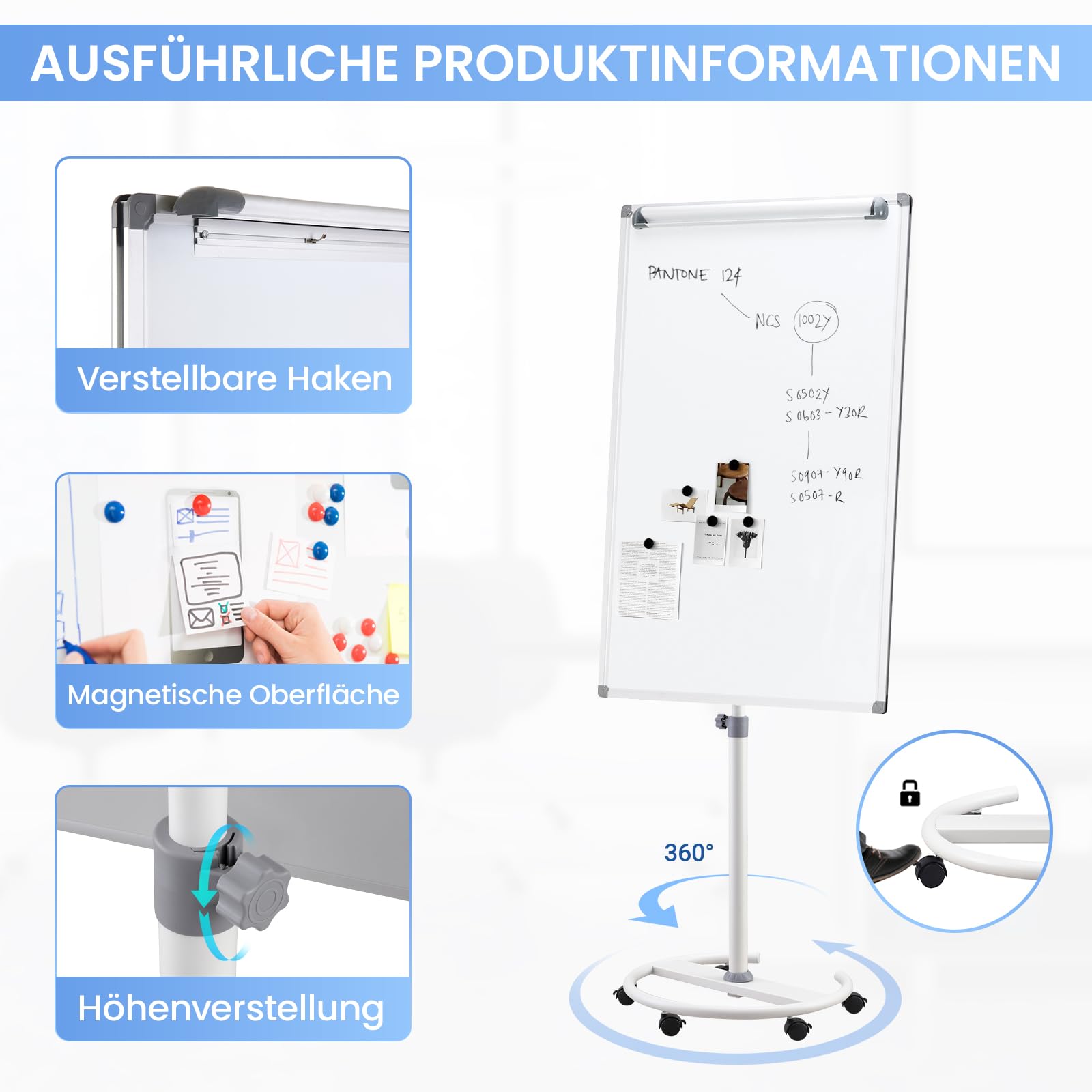 MAKELLO Flipchart 100x65cm Whiteboard mit Ständer Magnetisch Flip Chart für Büro, Höhenverstellbar bis 190cm, Größerer Rundfuß, Stabilere