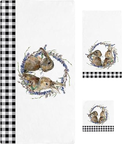 Juego de toallas a cuadros de búfalo negro y blanco para baño baño cocina playa pelo yoga toallas y paños de baño conejito de Pascua conejitos de