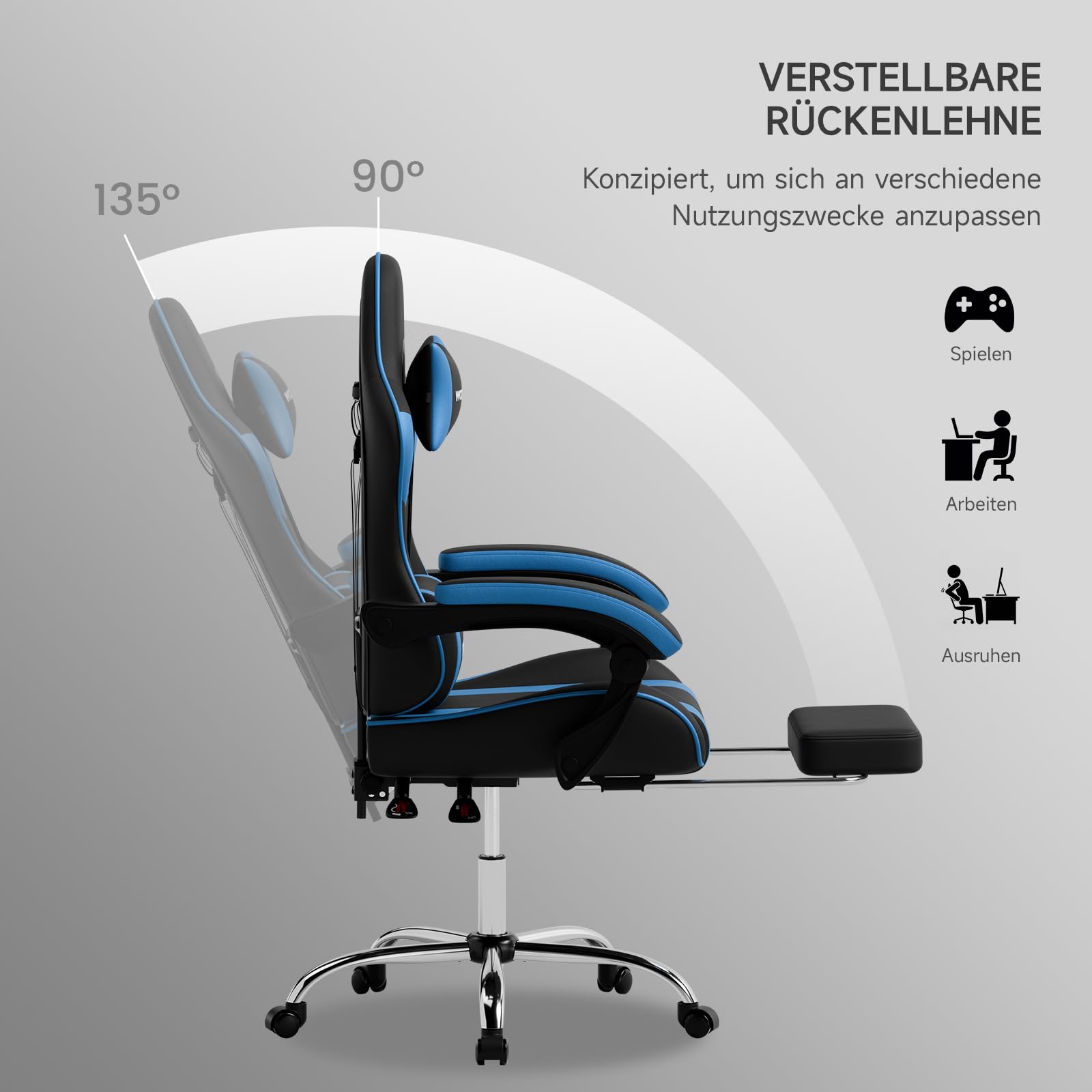 Gaming Stuhl, ergonomiischer Bürostuhl, höhenverstellbar Gamer Chair mit ausziehbarer Fußstütze, Computerstuhl mit Lendenstütze, Gaming Sessel 135°