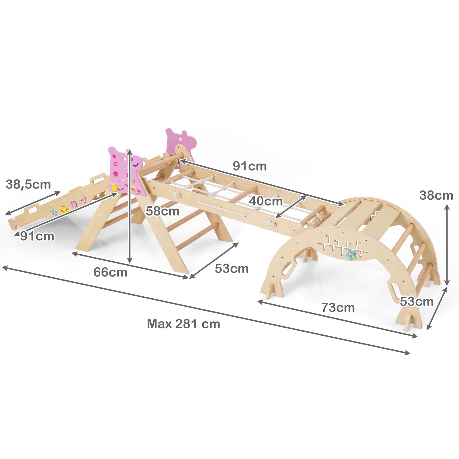 HOMASIS 4 in 1 Arrampicata per Bambini in Legno, Struttura da Scalata con Arco, Rampa, Corda e Scala, Palestra Giochi Educativa per Bambini da 3+ Anni (Naturale, Unicorno)