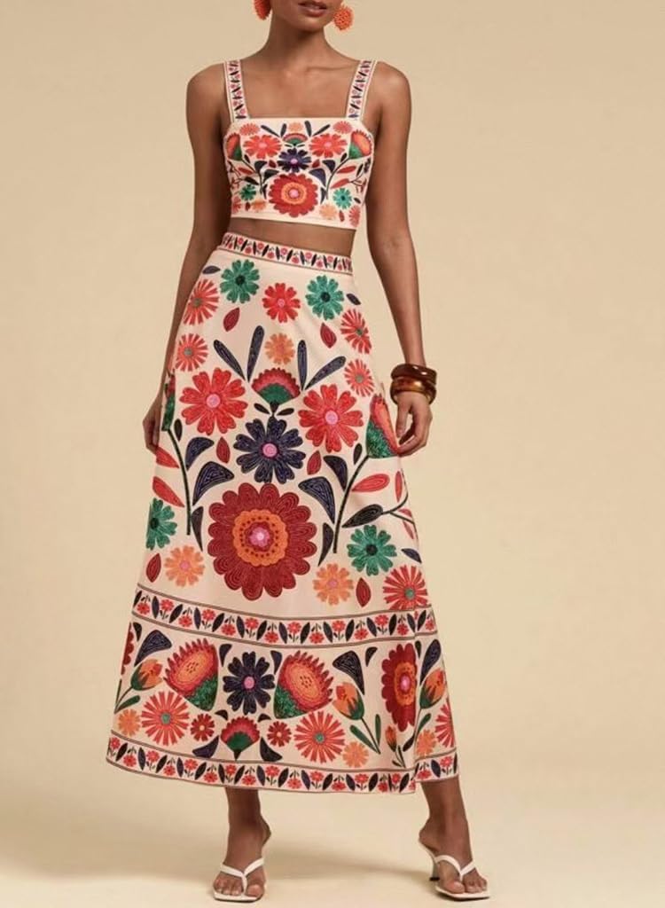 Womens Boho Floral Summer 2 Piece Outfit Sexy Crop Cami Top and floral print High Waist Maxi Skirt Sets Vacation - Image 2