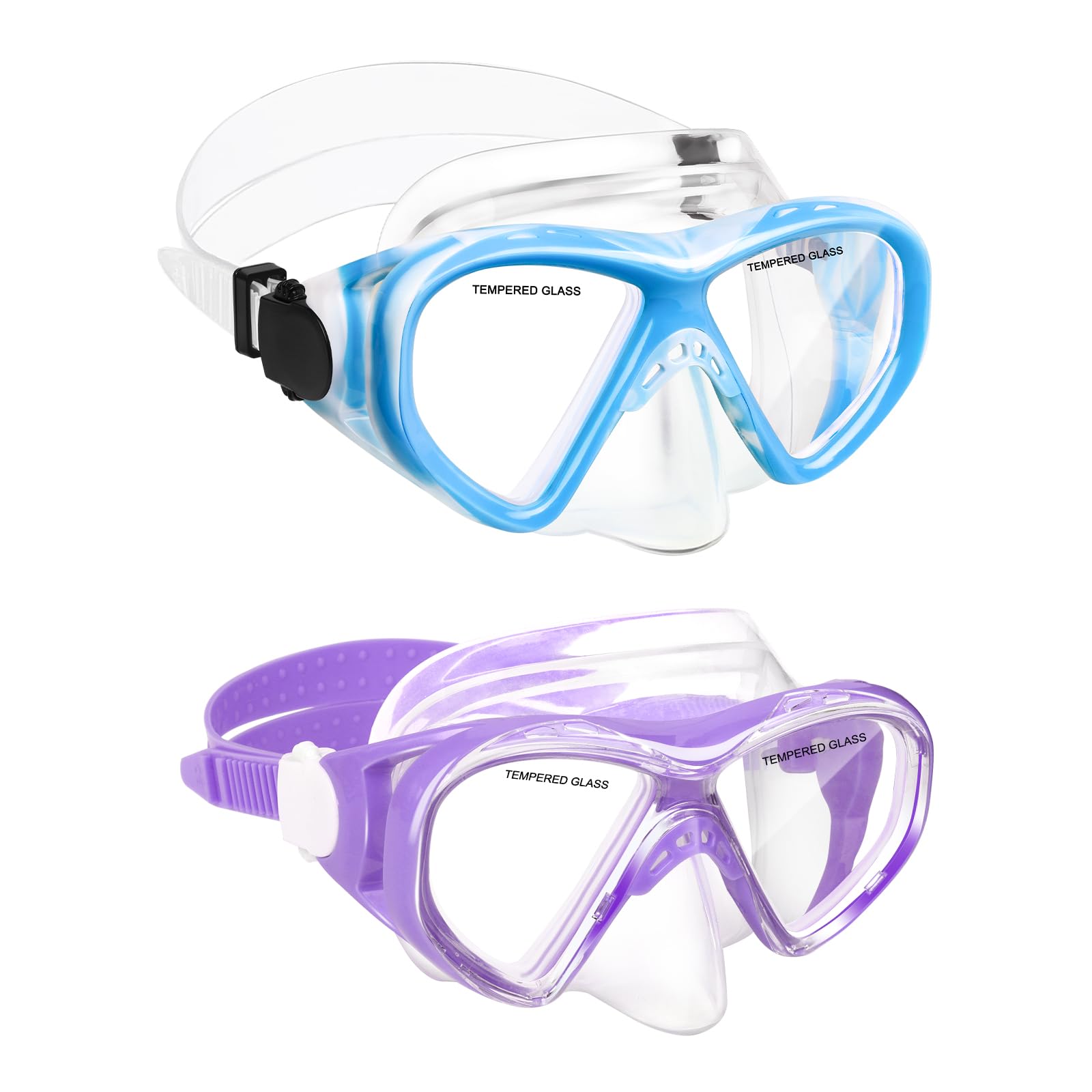 ACQCES Gafas de natación para niños y niñas de 5 a 15 años, gafas de natación antivaho de dos colores con cubierta para la nariz (2 unidades, azul, azul y morado)