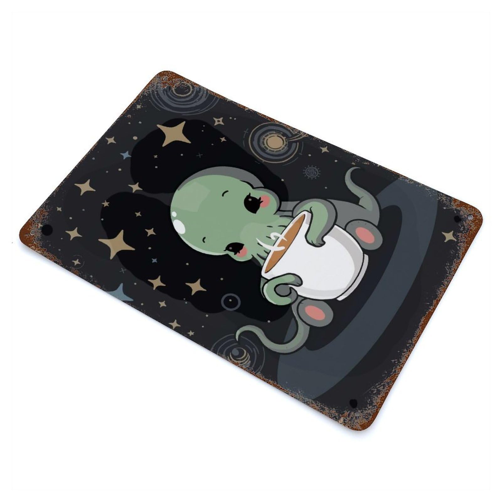 Cute Cthulhu with Coffee Rusty Metal Tin Sign 11.8"x7.9", Industrial Home Decor for Garage, Pub Or Kitchen