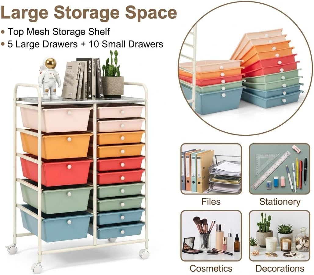 POWERSTONE Rolling Cart with 15 Drawers, Multipurpose Storage Organizer with Lockable Wheels, Metal Frame & Plastic Drawers Mobile Utility Cart, for Home, Office, School, Garage, Macaron