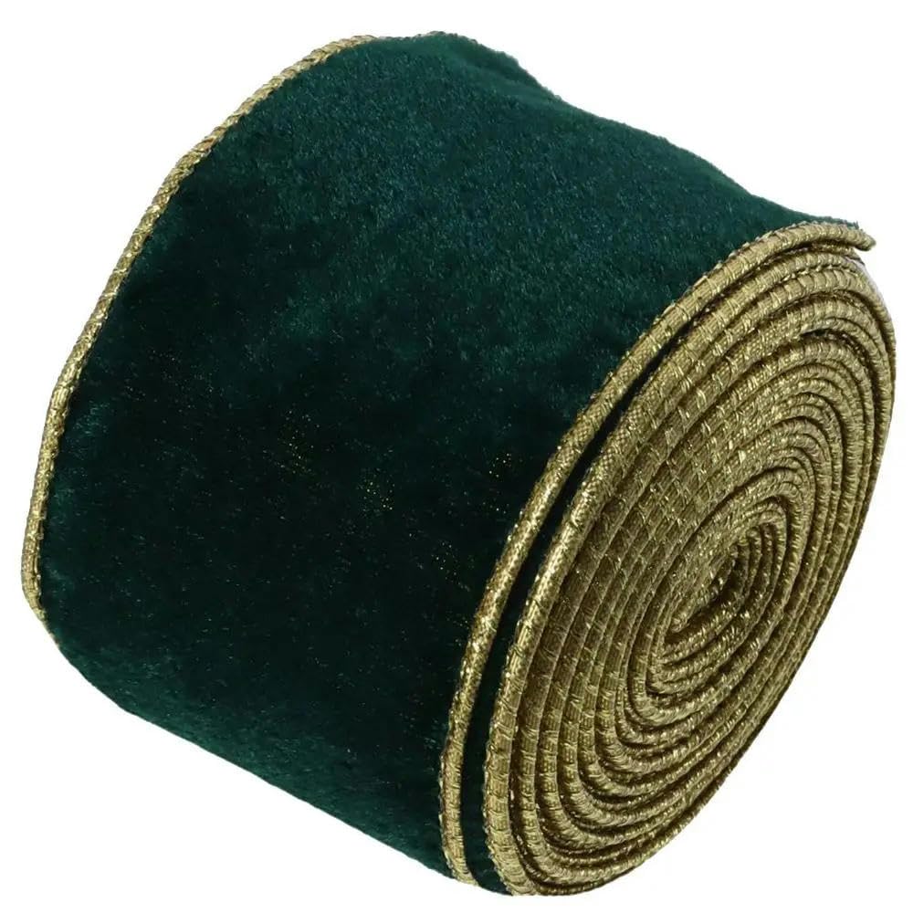 Samtband-Set, 9,1 m, Samtband mit Draht, 6,3 cm breit, goldener Rand, zerdrücktes Weihnachts-Geschenkband for Heimwerker, Kunsthandwerk, Party, Weihnachten, Hochzeit (grün)