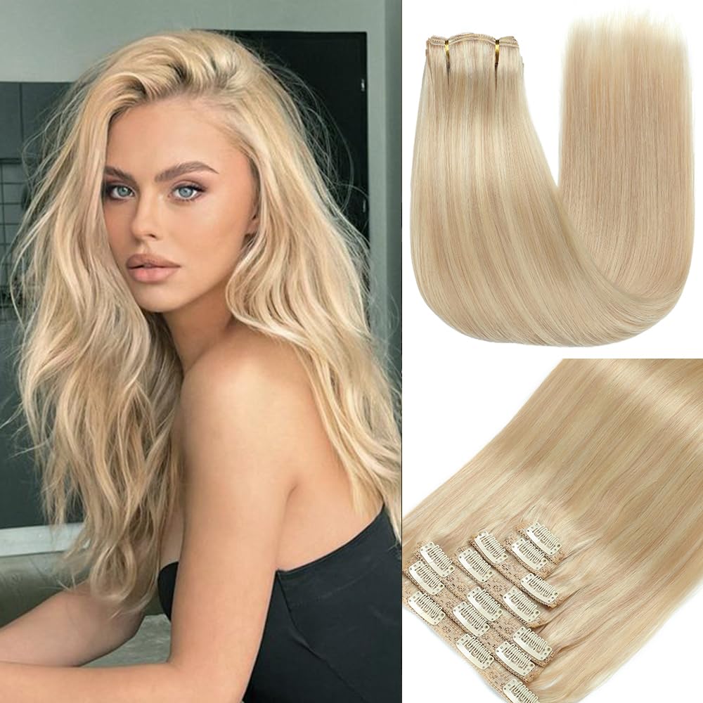 GUDOZO Clip in Extensions Human Hair 7pcs 35cm 80g Invisible Clip Extensions Human Hair Extensions Human Hair Clip Extensions Skin Weft Hair Extension(14Inch,P18K/613#)