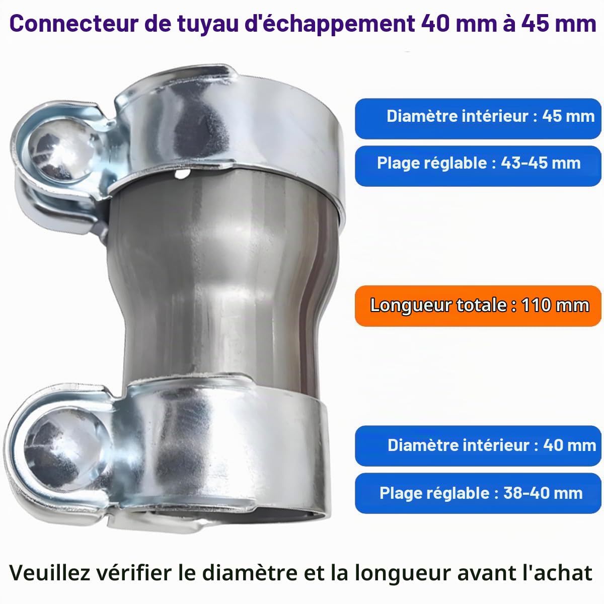 Raccord Réducteur pour Tuyau d'échappement 40mm à 45mm Connecteur de Tuyau Collier échappement Tuyau de Raccordement Réducteur Acier Inoxydable Collier de Serrage Réduction