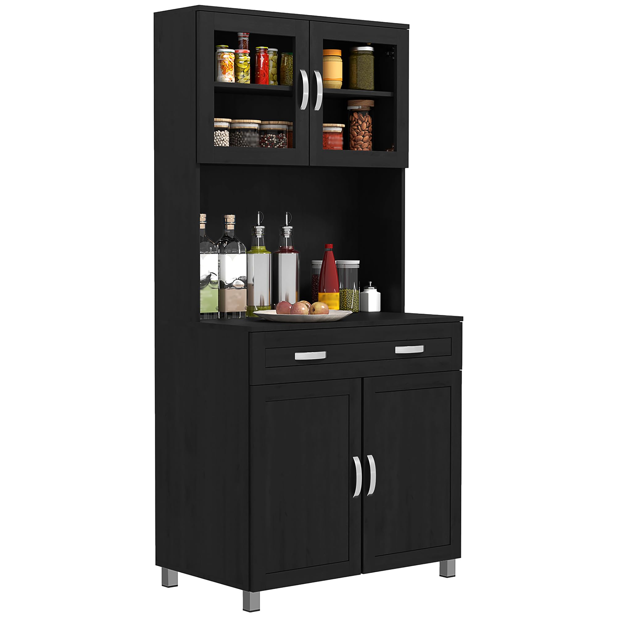 HOMCOM Buffet Haut Cuisine, Armoire de Cuisine, Tiroir, 80x48x170cm, Noir | Vaisselier, 4 Portes Dont 2 en Verre, Plan de Travail, Étagères Réglables, Meuble de Rangement pour Salon Salle à Manger