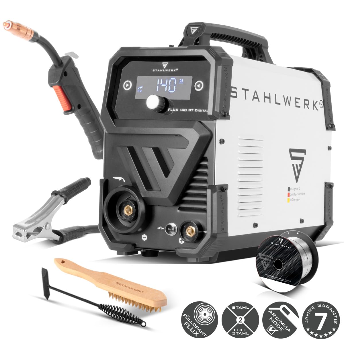 STAHLWERK Schweißgerät FLUX 140 ST Digital – Fülldrahtschweißen ohne Schutzgas bis 140 A, kompakt, synergischer Drahtvorschub, integriertes LED-Licht, Lift-TIG- & MMA-Funktion (E-Hand/ARC), IGBT
