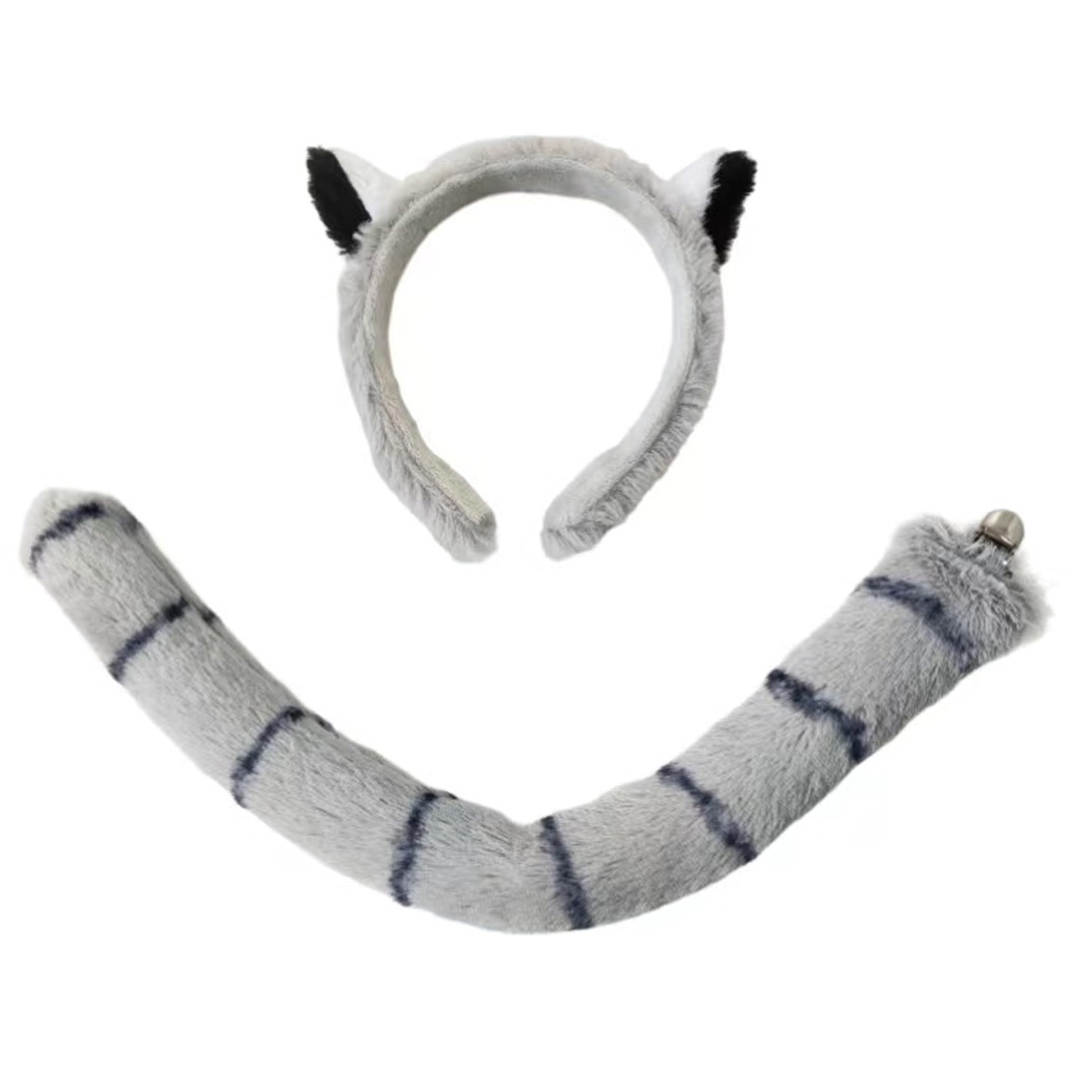 Tsawntd 2-piece Lemur Ears And Tail Set, Animal Ears Headband And Therian Tail Animal Costume Accessory For Cosplay