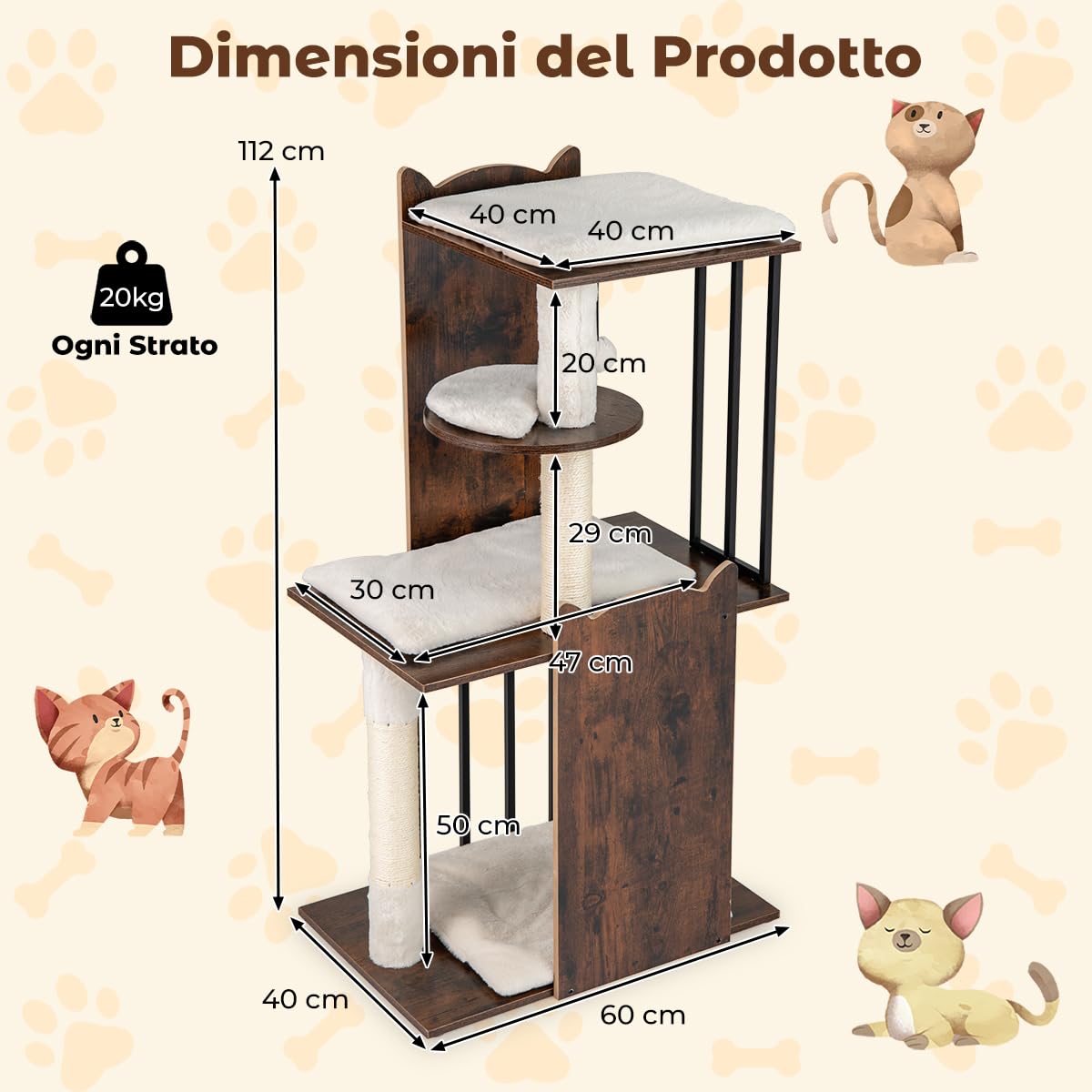 COSTWAY Albero per Gatti Alto 112 cm, Tiragraffi per Gatti in Legno con Posti a Grattare in Sisal, Palline Appese, Cuscini Morbidi Rimovibili e Lavabili, Tiragraffi Gatto per Arrampicata