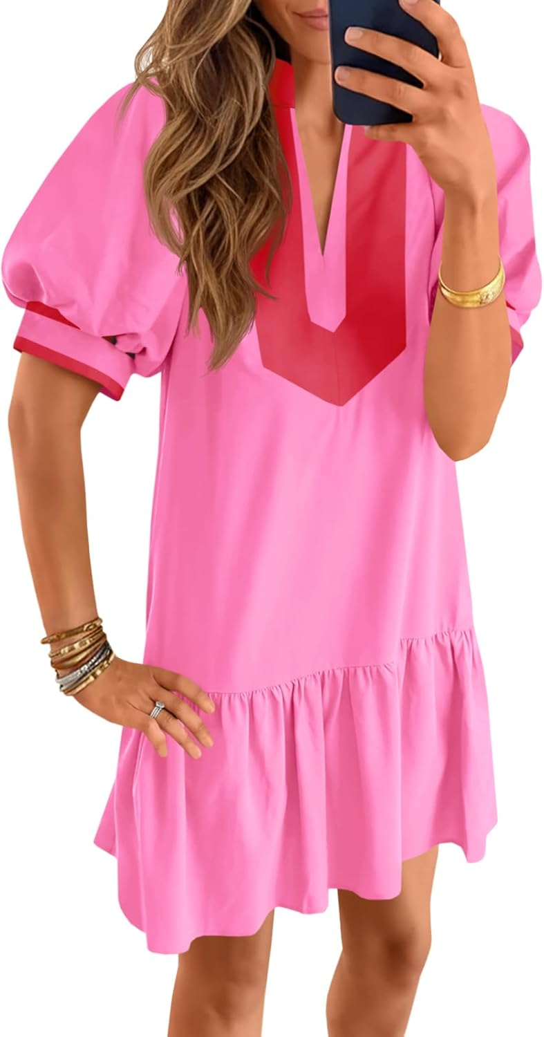 Wenrine Womens Summer Mini Dress Casual Short Puff Sleeve V Neck Color Block Loose Beach A Line Dresses with Pockets