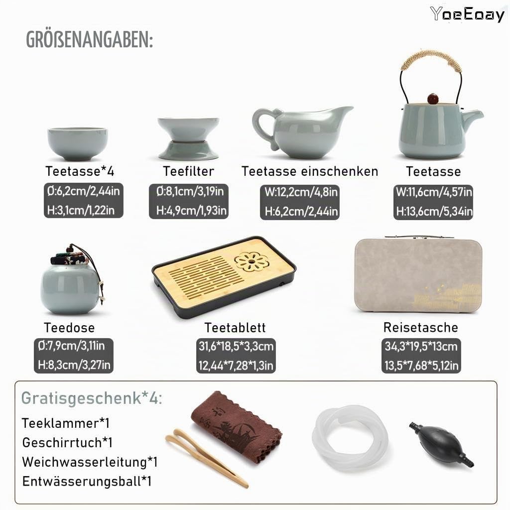 Hochwertiges Keramik Gongfu-Teeservice - 13-teiliges Tragbares Tee Set Für Erwachsene,mit Grauem Lederetui,perfekt Für Zuhause,Outdoor Und Geschäft,Chinesisches Porzellan-Teeservice
