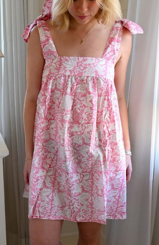 Image of Women Floral Tie Shoulder Mini Dress Cute Square Neck Loose Fit Beach Short Dress Backless Boho Vocation Sundress