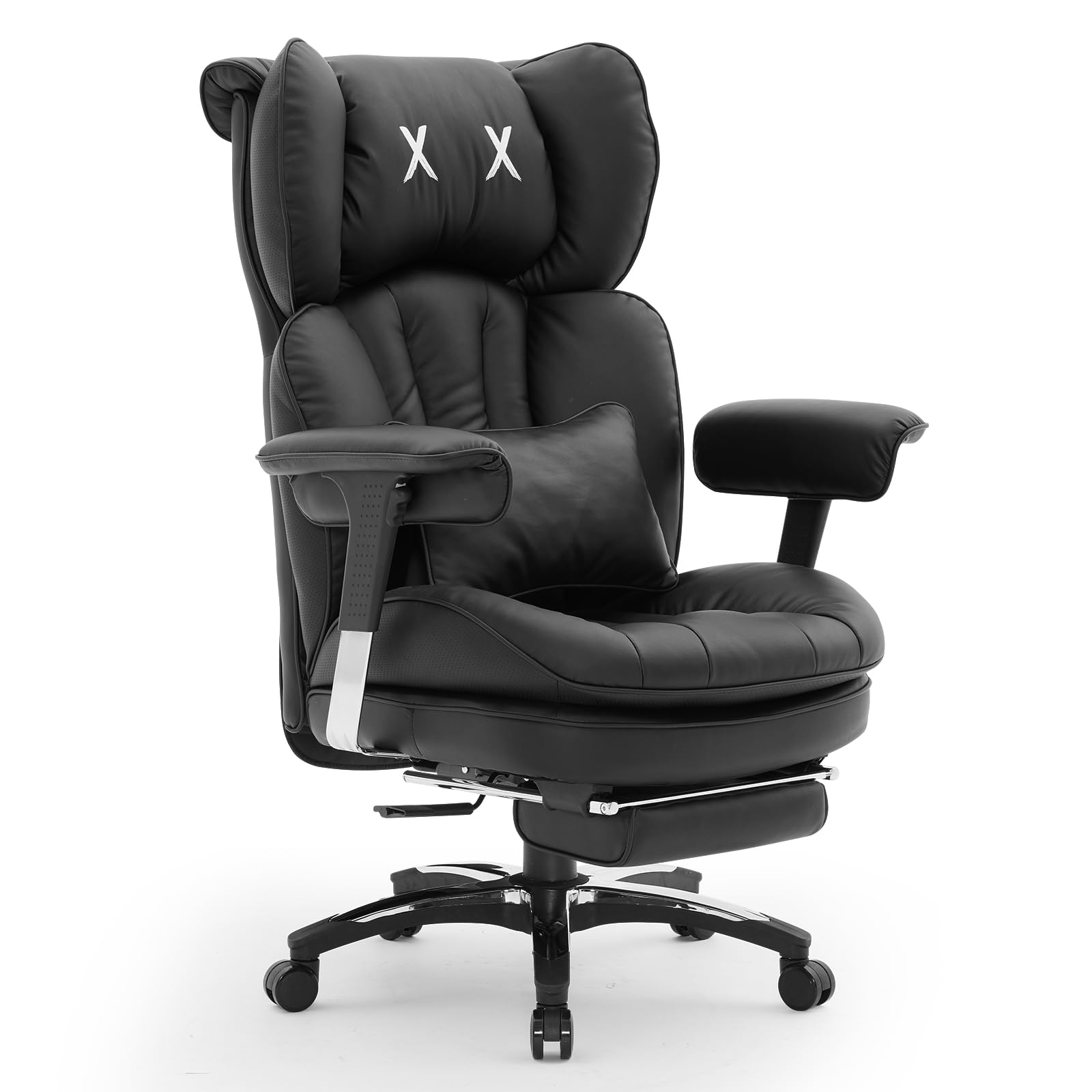 Desk Office Chair, X-Embroidery Big and Tall PU Leather Home Chair, Adjustable High Back Computer Gaming Chair, 200kg Swivel Executive Office Chair with Footrest and Lumbar Support, BLACK