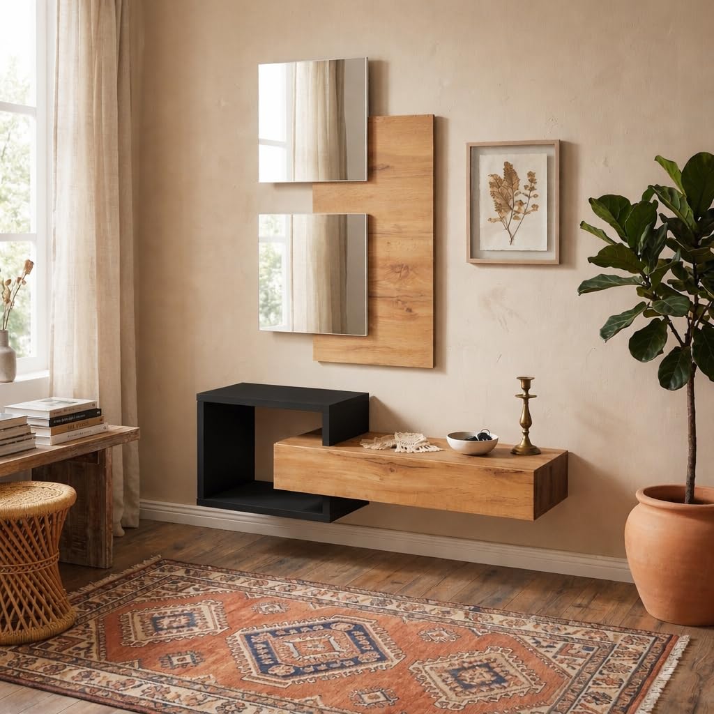 Arreditaly Set Ingresso Moderno Con Specchi Pensile A Giorno Mensola Con Cassetto Salvaspazio Mobile Da Parete Design Nordico Per Corridoio Zona Living 100 x 160 x 30 Cm (Nero e Rovere)