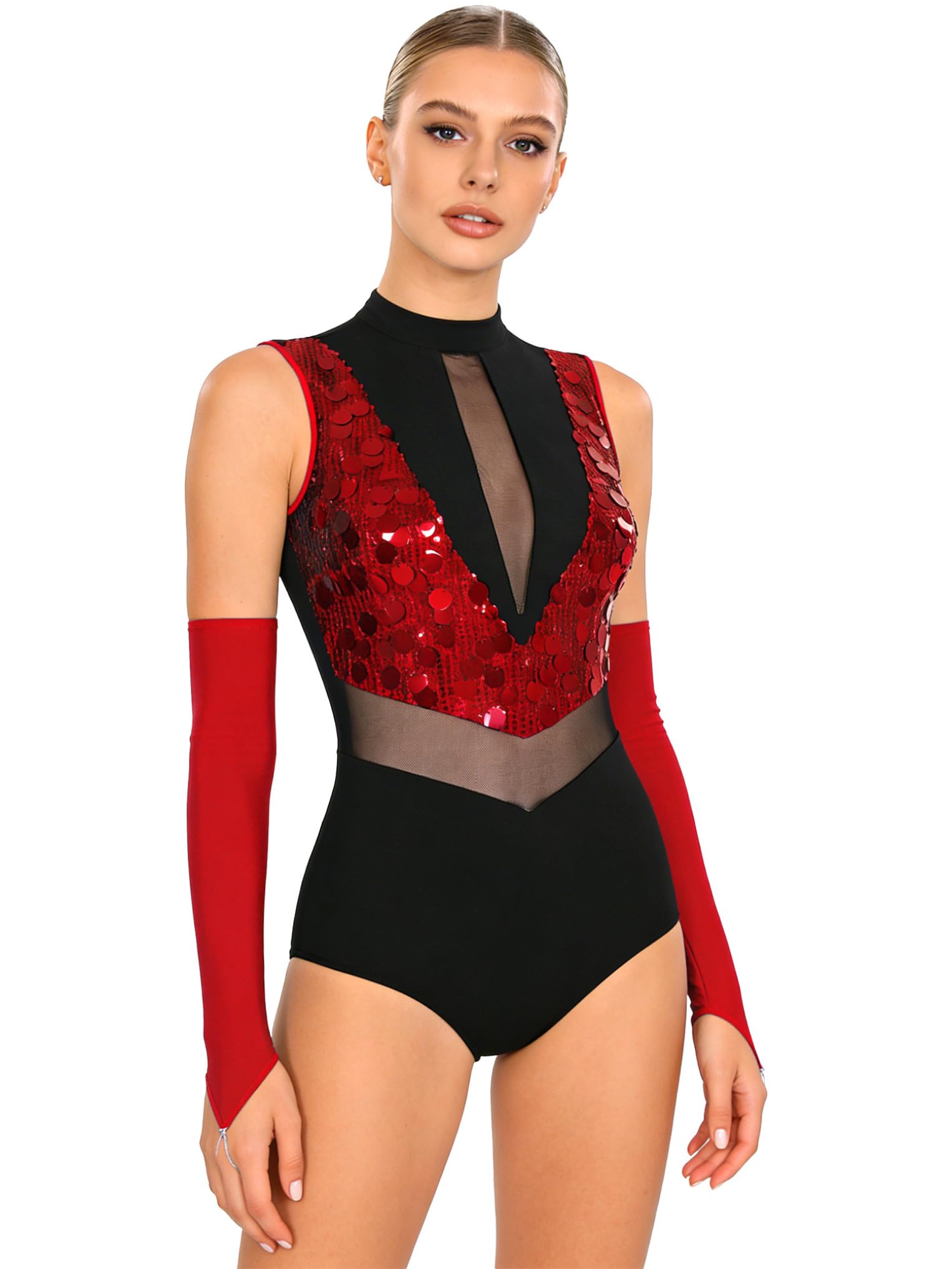 Oyolan Femme Justaucorps Gymnastique Paillette Brillant sans Manches Avec Gants Costume Danse Moderne Jazz Latine