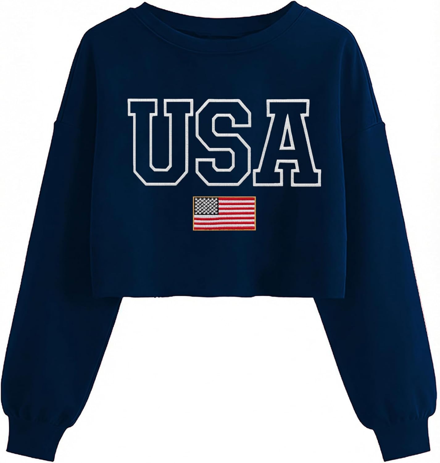 USA Flag Sweatshirts for Women: Embroidered 4th of July Shirts Long Sleeve Patriotic Crop Sweatshirt