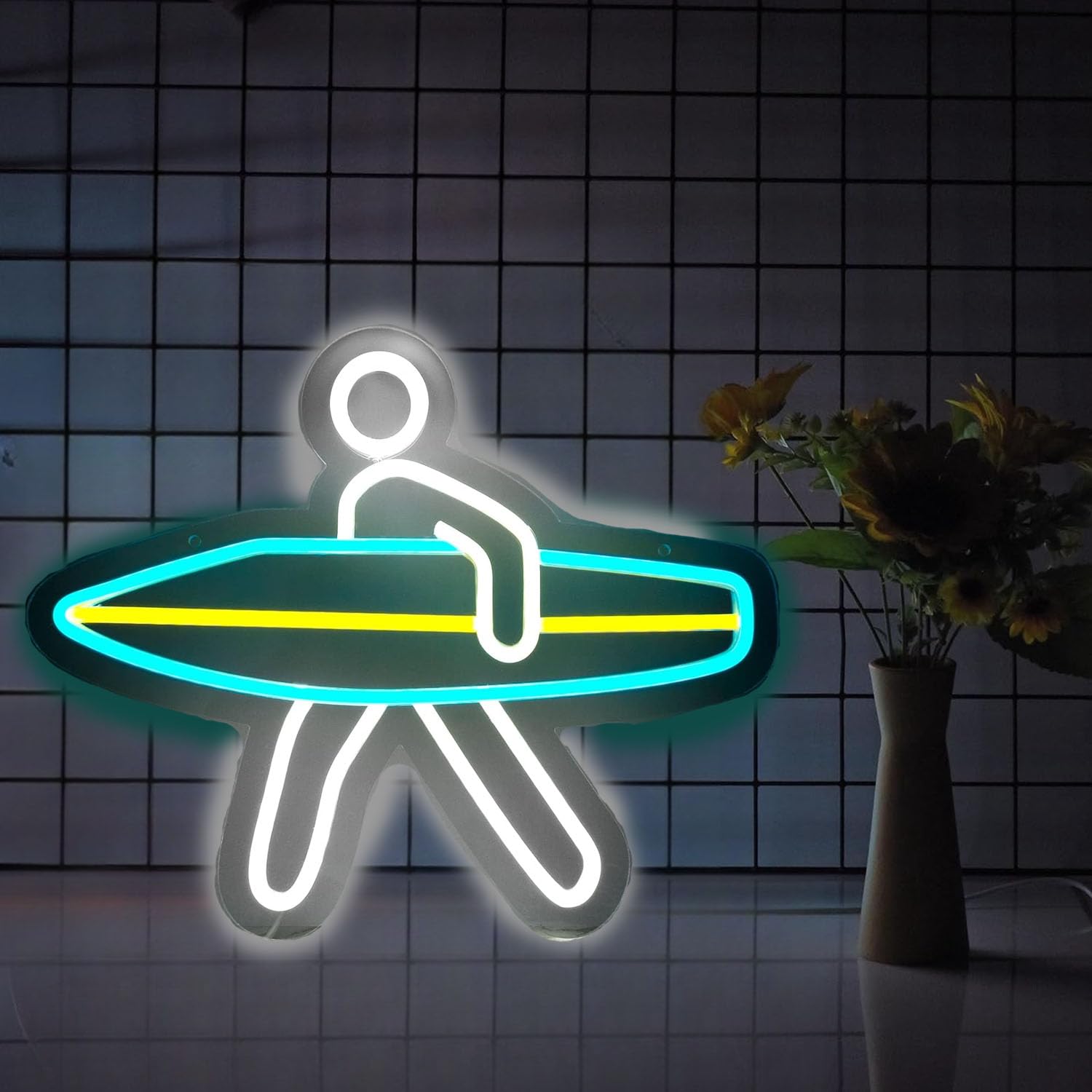 HFHungkeong Surfer Neon Sign for Bedroom Wall Decor，Dimmable Surfboard Neon Signs USB Powered, Led Lights Aesthetic Beachy Surfboard Decor for Boys Girls Bedroom Decor Birthday Gifts Size 15''