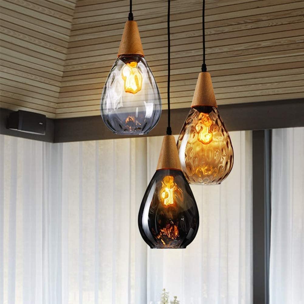 Suspension créative Goutte d'eau, Lampe Suspendue en Bois avec Abat-Jour en Verre en Forme de Larme, luminaire E27, Lustre de Salle à Manger, Lampes à Suspension industrielles rétro pour îlot