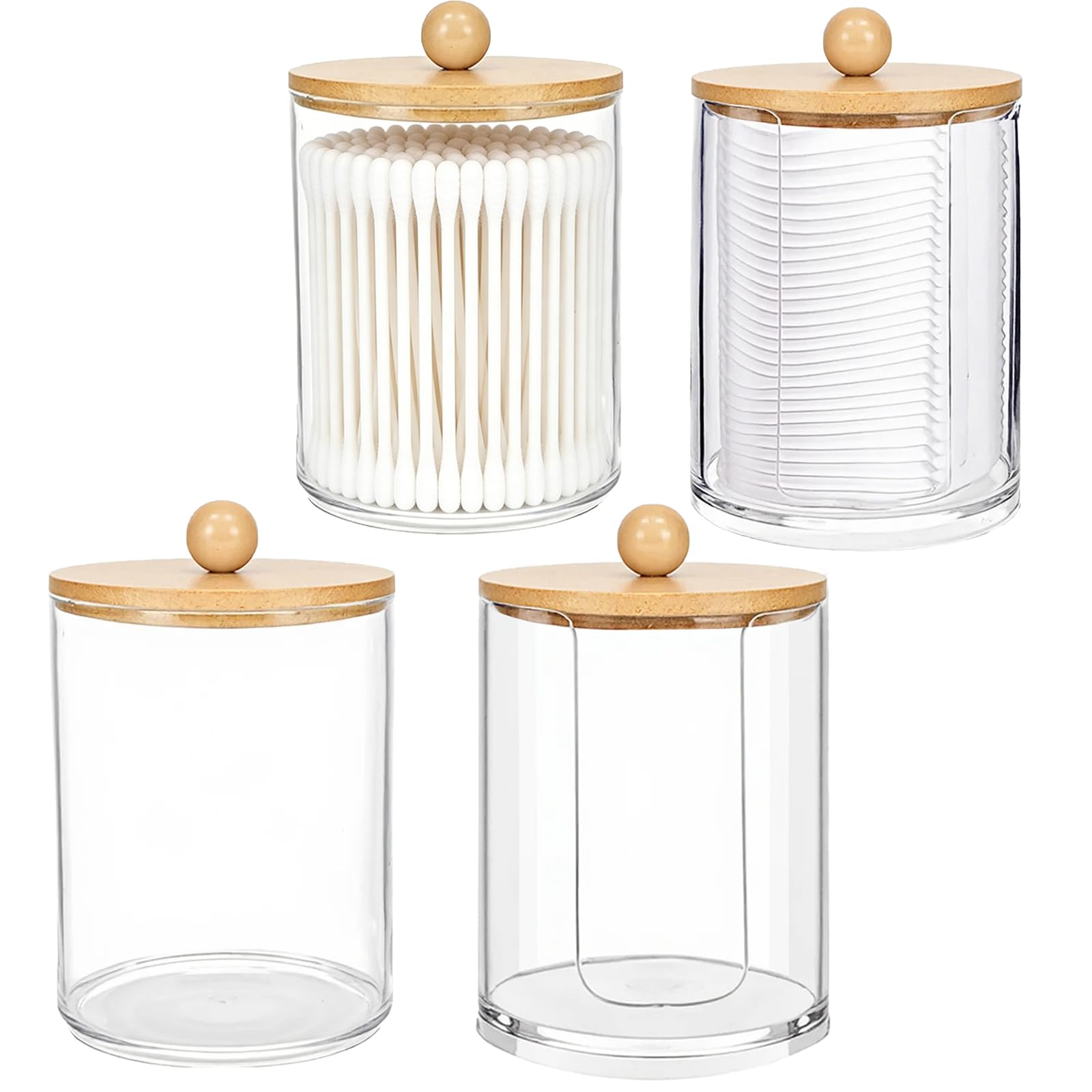 Rthynti 4 Pack Cotton Pad Holder, Qtip Holder Dispenser with Wooden Cover, Bathroom Canister Storage Organization for Cosmetics Cotton Swabs and Cotton Pads