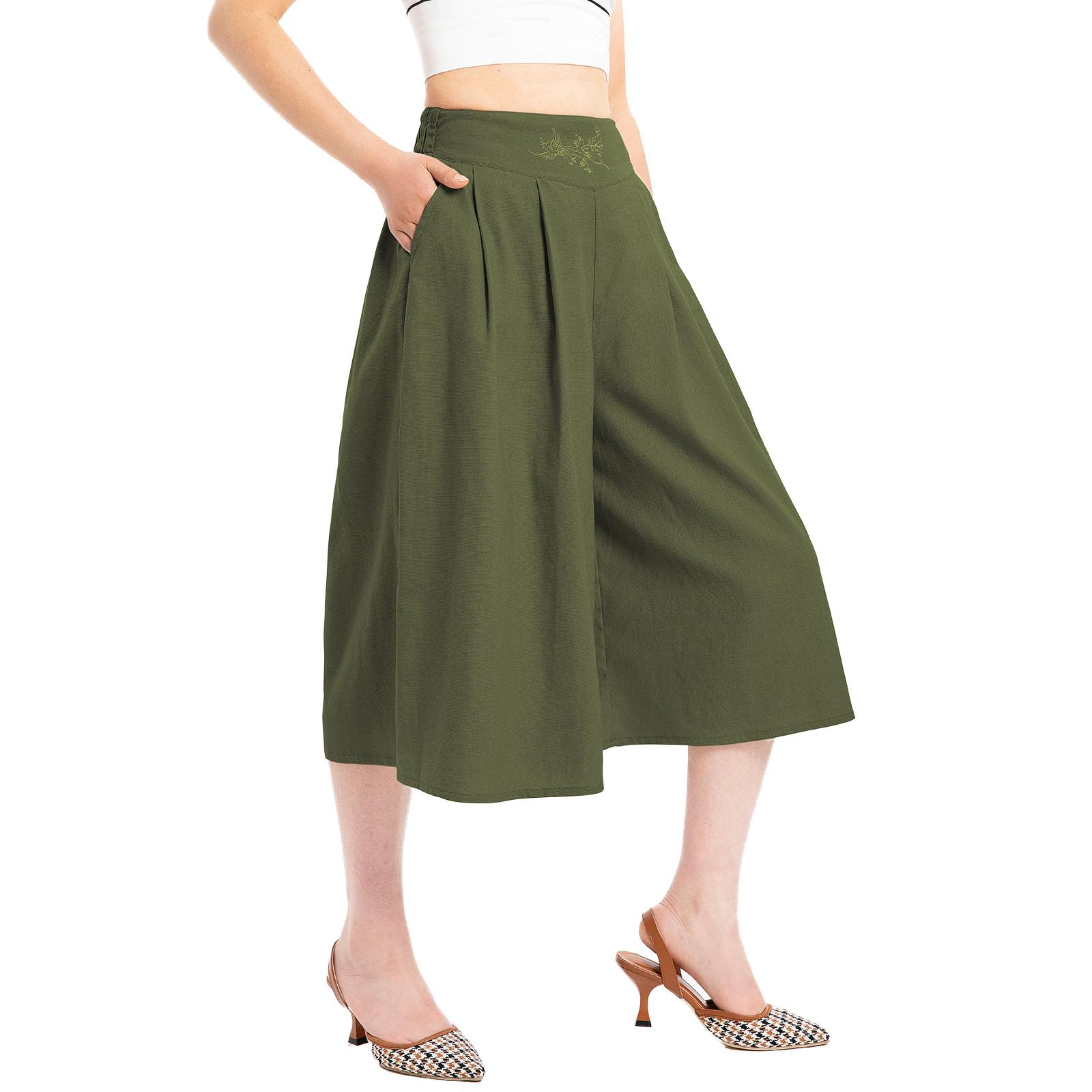 Lisskolo Womens Baggy Linen Wide Leg Palazzo Capris Pull On Embriodered Solid Summer Beach Cropped Culottes Pants Pocketed