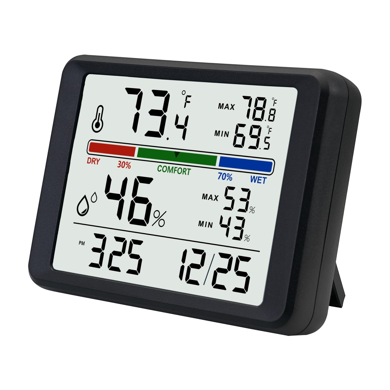 Digital Thermometer Hygrometer, Plumeet Indoor Wall Thermometer with Backlight, Digital Alarm Clock, Date, Air Comfort Indicator, Max Min Record, Desktop Thermometer for Home, Black - 2