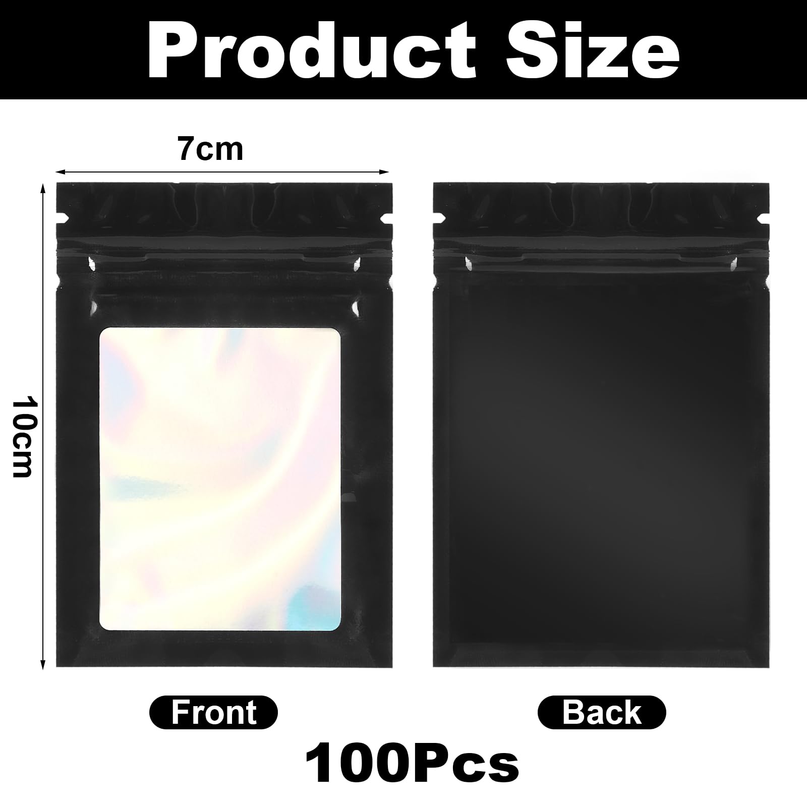 KOMABLEN Mylar Bags, 100 sztuk czarnych woreczków Mylar, 7 x 10 cm, plastikowe torebki wielokrotnego zamykania, torebki strunowe z przezroczystym okienkiem, torby na biżuterię, słodycze