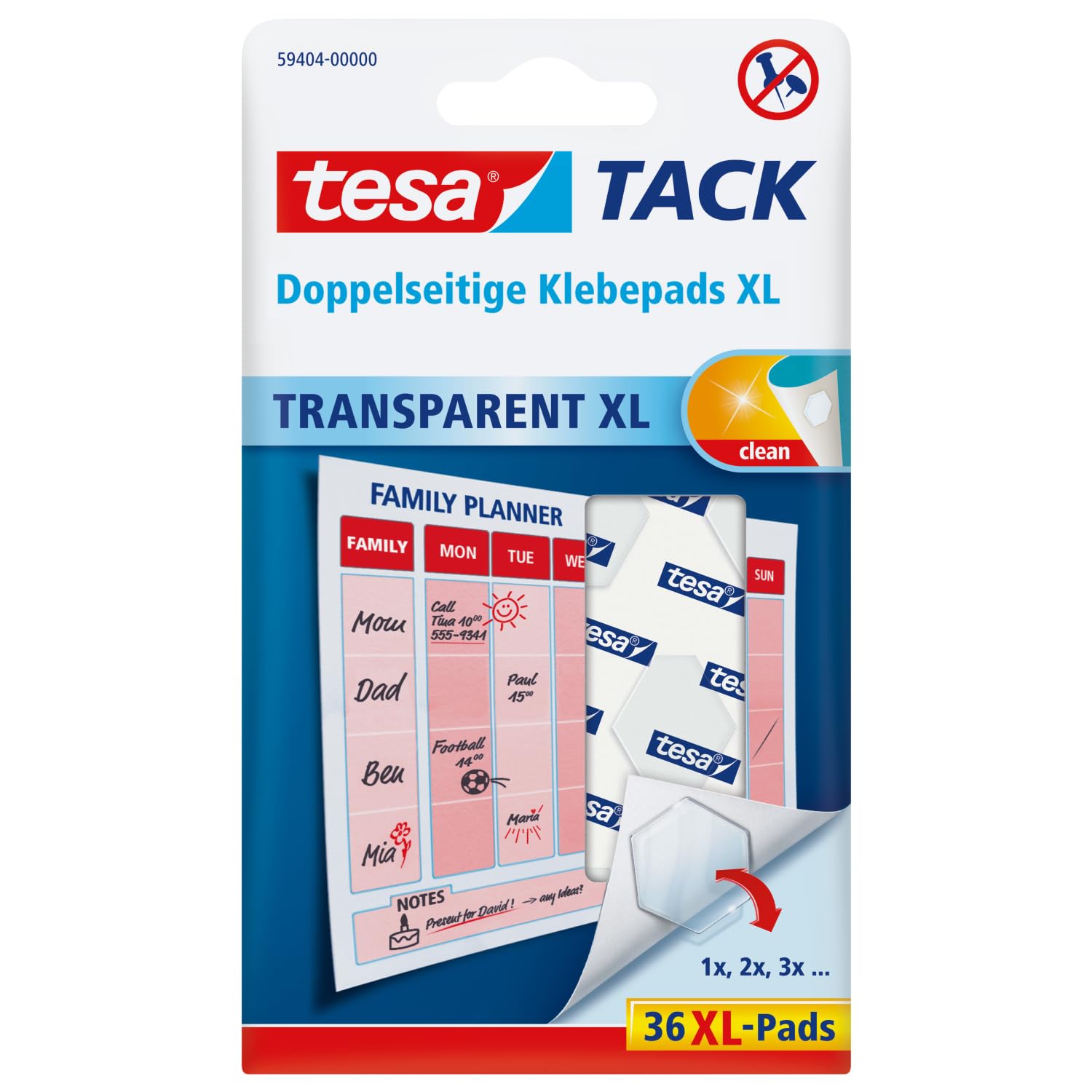 tesa Tack XL – Transparente doppelseitige Klebepunkte (36 Stück, 3 cm²)