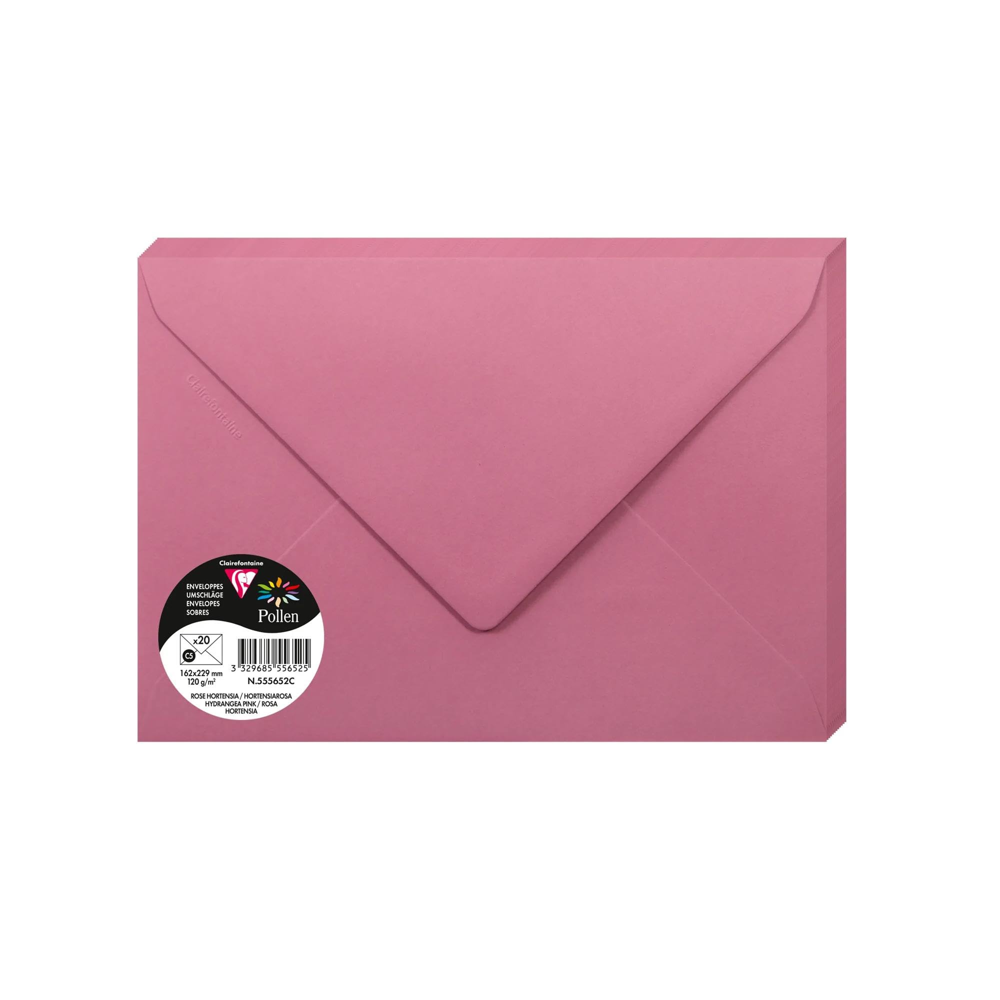 Clairefontaine 555652C Pack of 20 Gummed Envelopes C5 (16,2x22,9cm) 120gsm Colour Hydrangea Pink Invitation Events Correspondence Pollen Range Premium Paper
