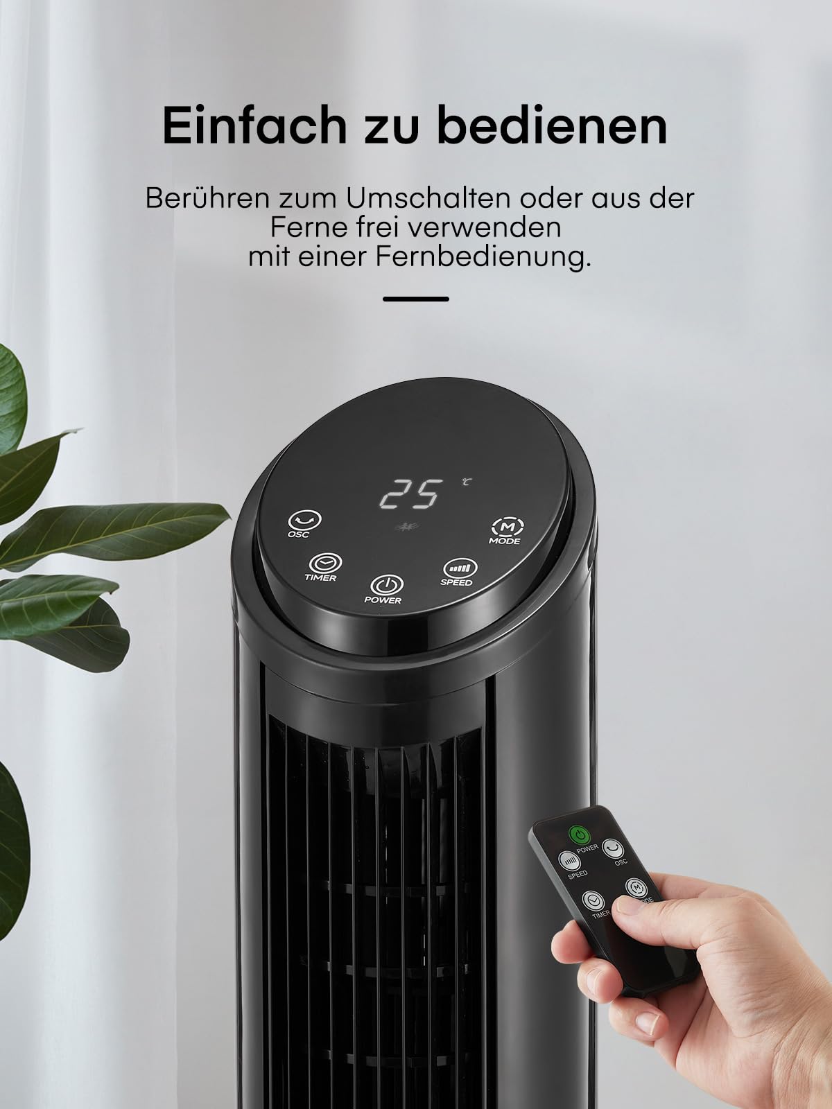 Turmventilator sehr Leise (<32dB) - 102cm Ventilator mit Kühlung - Turmventilator mit Fernbedienung- Simulierte Meeresbrise, 12 Stufen & Schlafmodus - Ventilator für Schlafzimmer/Wohnzimmer (Schwarz)