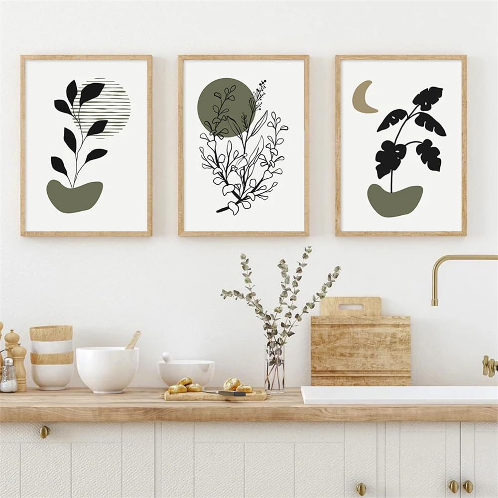 Wbyzac Green Botanical Posters- Leaves Abstract Geometric Wall Art Posters Boho Canvas Painting Print Pictures For Bedroom Living Room Kitchen Home Decor-60 * 80Cm*3Pcs (No Frame)