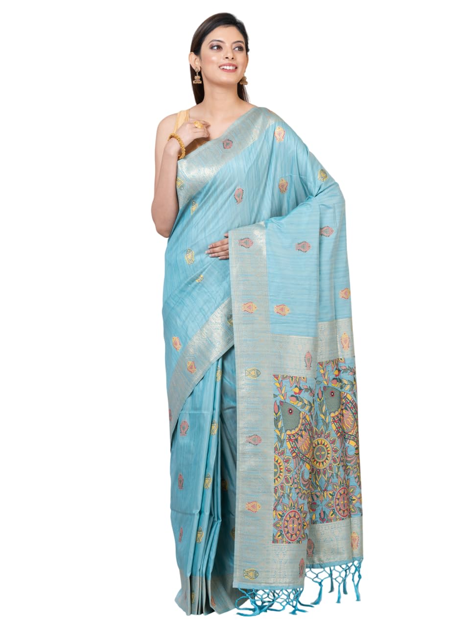 KAVVYA Light sky blue handloom silk saree with fish motifs allover the saree with heavy multicolour pallu same colour reunning blouse with fish motif border in the blouse.-image-31