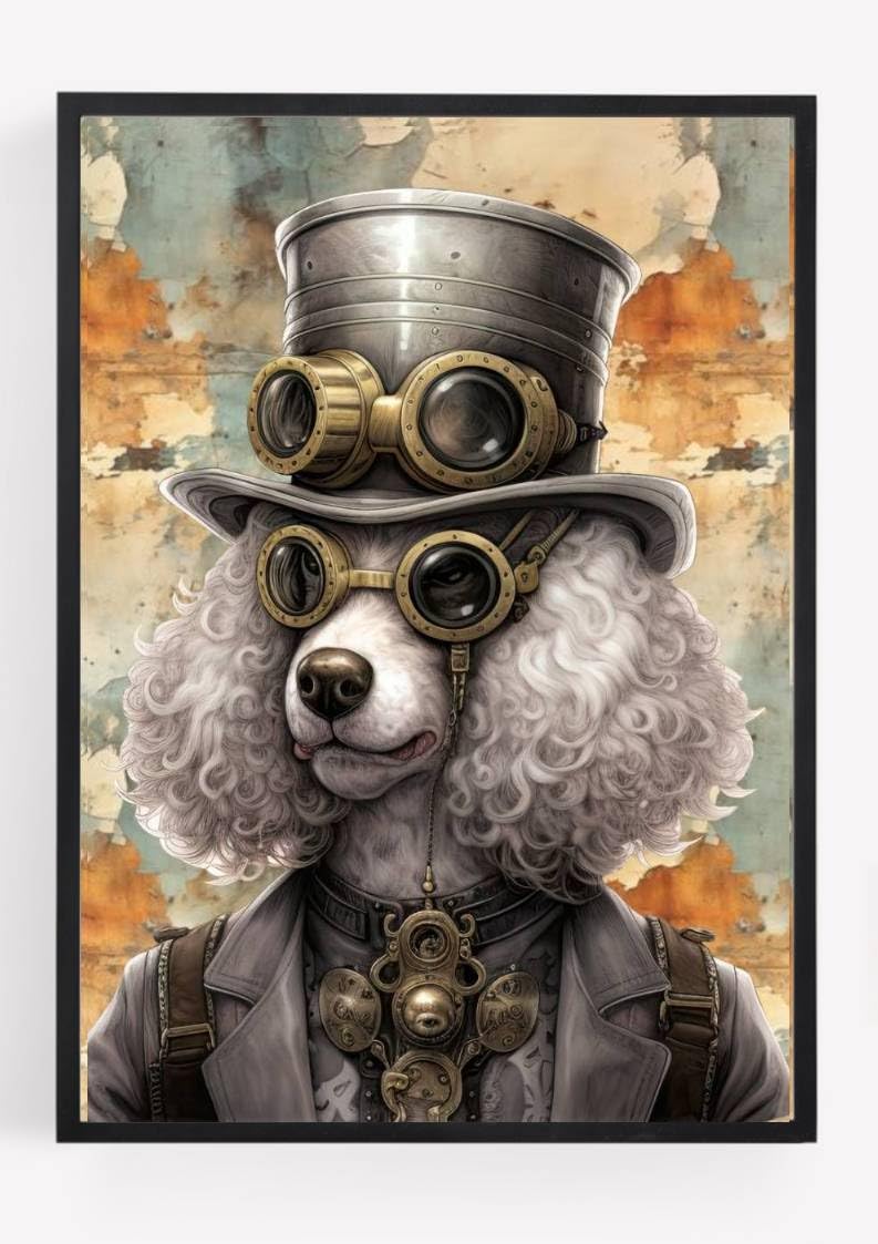 Gfc Black White Steam Punk Steampunk Poodle 2 Dog Print Picture Poster Hipster Dapper Vinatge Style A4 Unframed Wall Art Home Decor Decorating Gift