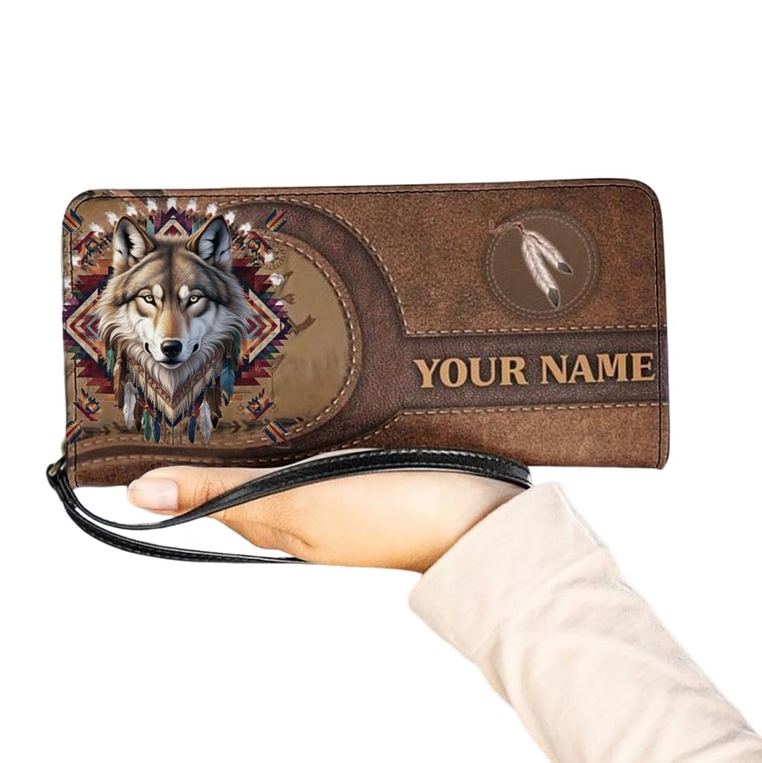Personalized Native American Women Leather Wallet, Tribal Navajo Feather Zipper Wallet, Western Southwestern Long Ladies Travel Clutch Wristlet, Custom Gifts For her Mom Friend (Wolf)