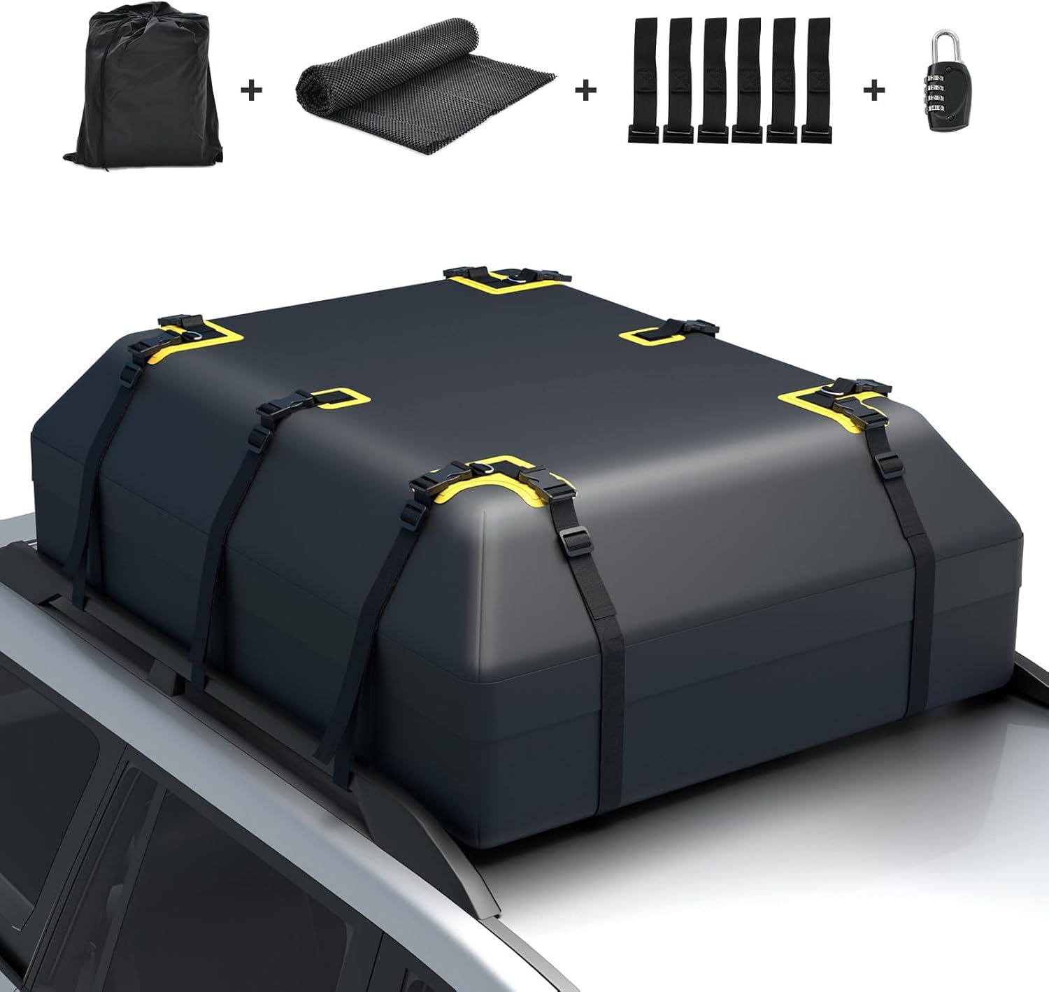 FANTASK Box da tetto da 600 l, con 6 ganci per porte, per auto e SUV, impermeabile, serratura a combinazione, tappetino antiscivolo e borsa per il trasporto, borsa pieghevole da tetto