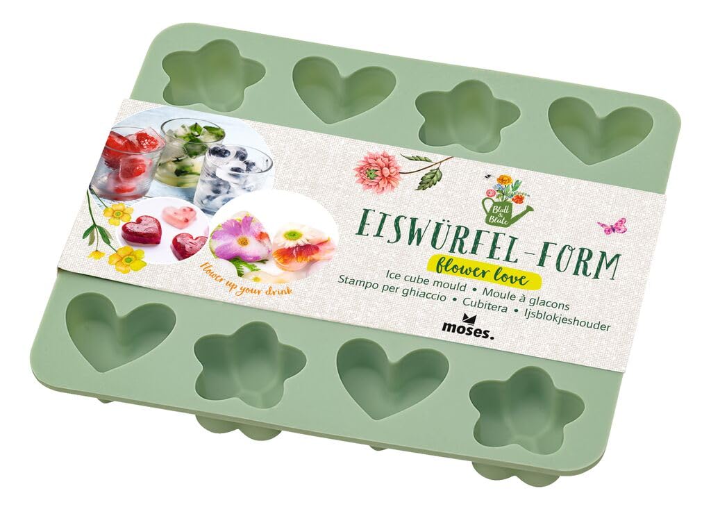 moses. Ice Cube Tray Leaf & Blossom, Ice Cubes in The Shape of Flowers and Hearts, Tasteless and Odourless, Dishwasher Safe Silicone Mould for 16 Ice Cubes, Chocolates and Decoration
