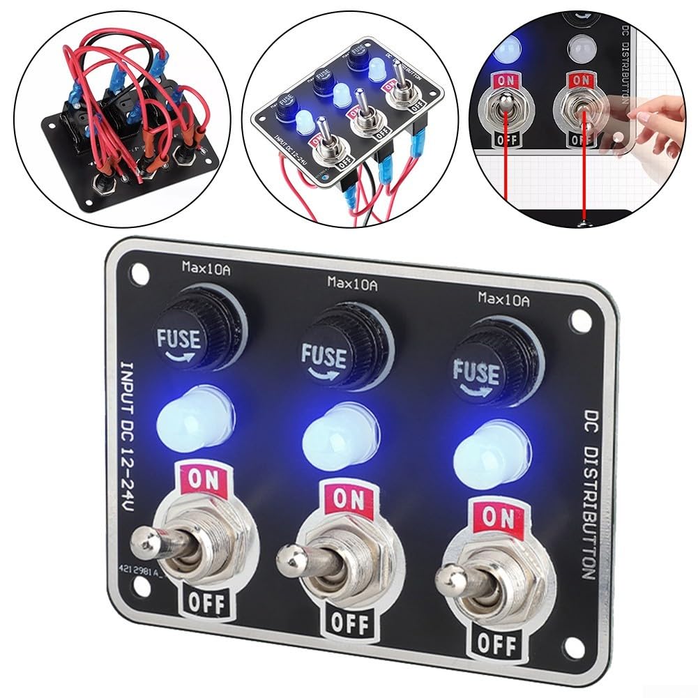 Pannello interruttore a bilanciere in metallo a 3 bande con scatola fusibili interruttore a LED per auto e barca, impermeabile IP66, 12-24 V CC, accessorio di controllo facile da usare