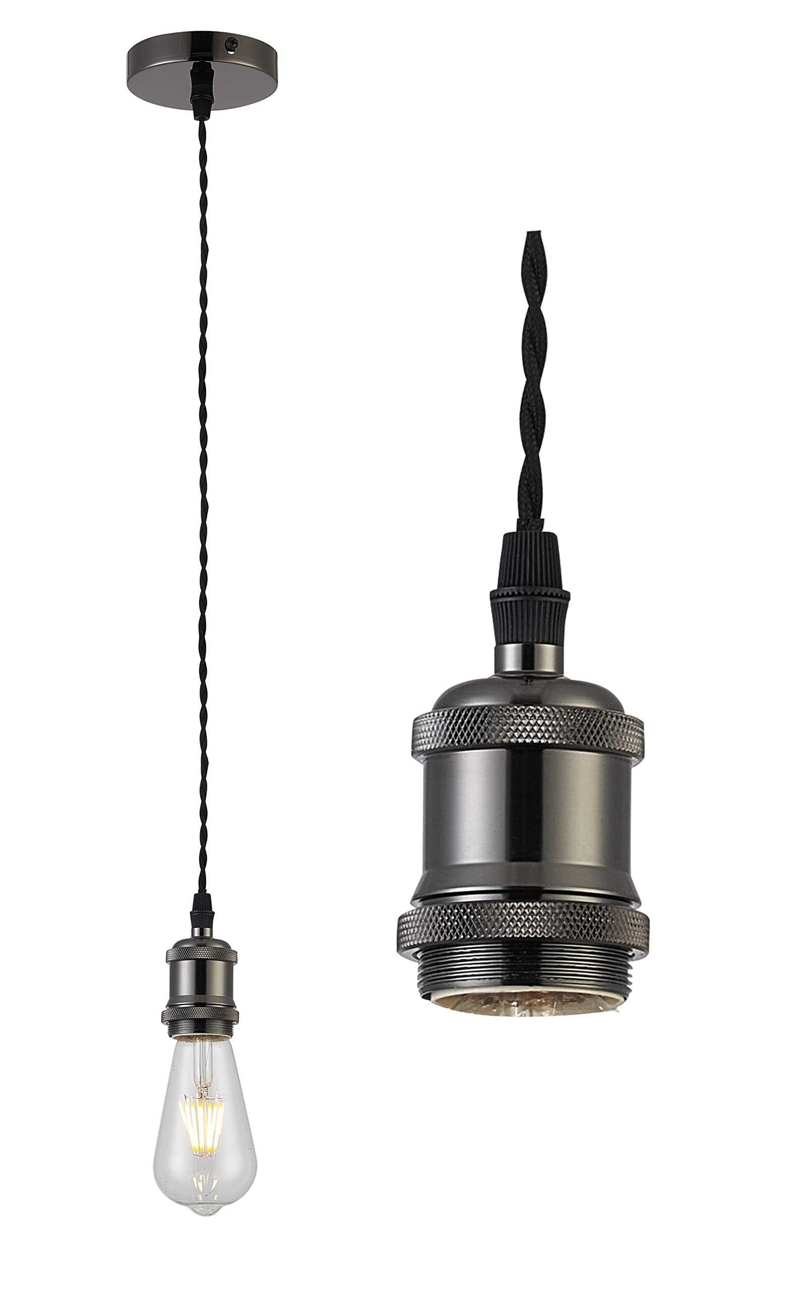 Loxton Lighting Vintage Black Chrome Textile Twisted Wire Pendant, Metal E27 Bulb Holder and Ceiling Rose, and black textile Cable — image 1