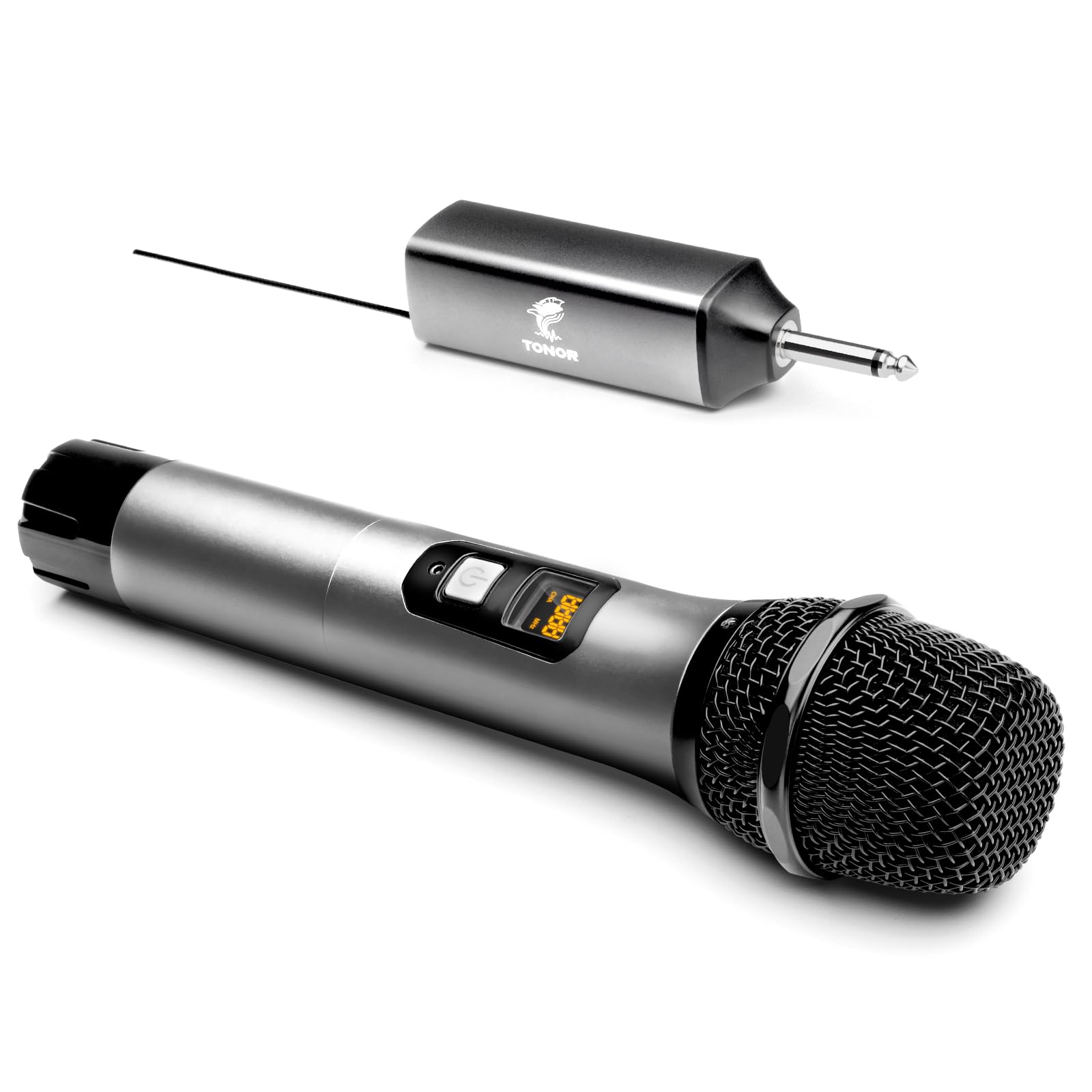 TONOR Microfono Senza Fili, UHF Sistema Wireless Microfonico Portatile in Metallo Cordless con Ricevitore Ricaricabile, Uscita 1/4" per Amplificatore, Macchina da Karaoke, 60m, Argento, TW620