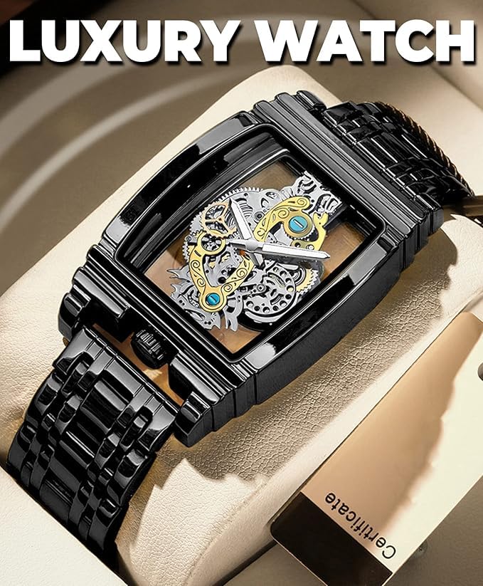 Image of Rick Men's Luxury Hollow Skeleton Watch Retro Gorgeous Gear Carving Design Rectangle Tonneau Large Dial Stainless Steel Band Quartz Wristwatch Not Mechanical Watches
