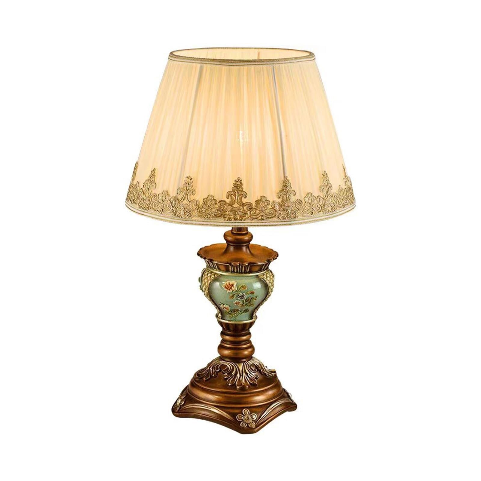 Lámpara de mesa vintage pintada a mano base floral bordado sombra luz suave | Columna de resina con acabado en bronce antiguo y cubierta de tela, accesorio decorativo con casquillo E26 for dormitorio